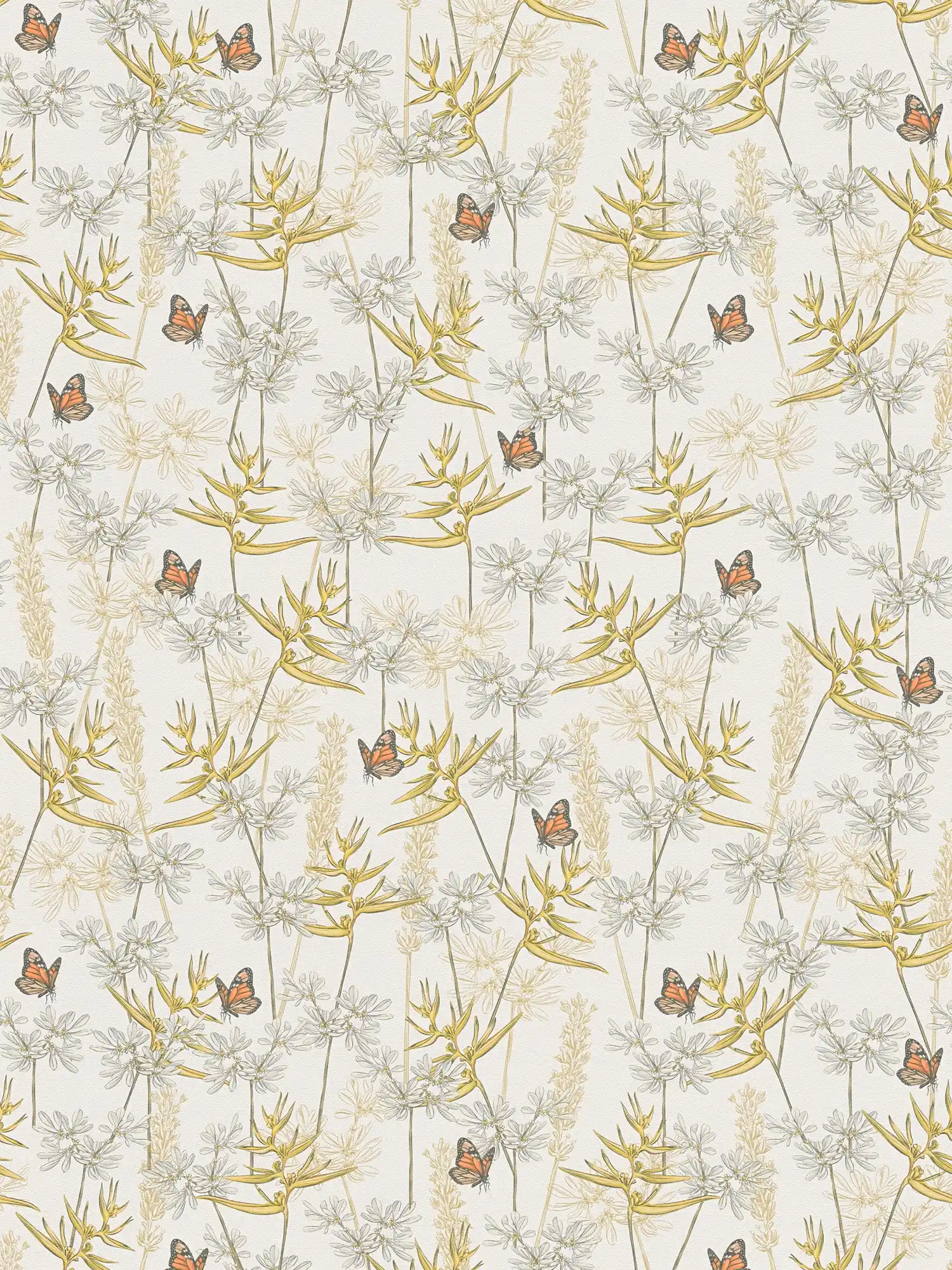 Tapete im floralen Stil mit Gräsern & Schmetterlingen strukturiert matt – Weiß, Gelb, Grau

