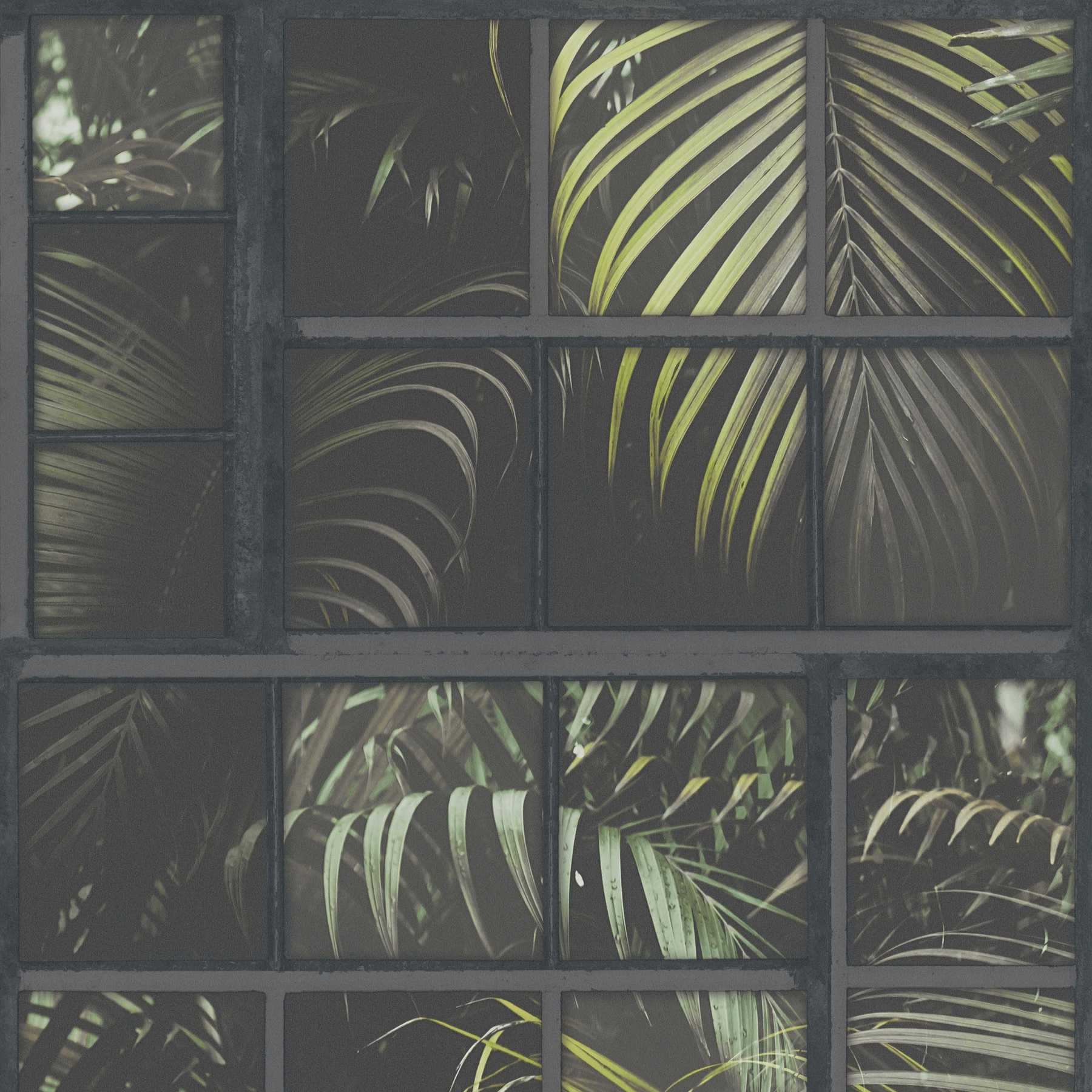         Tapete Fenster Dschungel Aussicht, 3D-Effekt – Grau, Grün, Schwarz
    