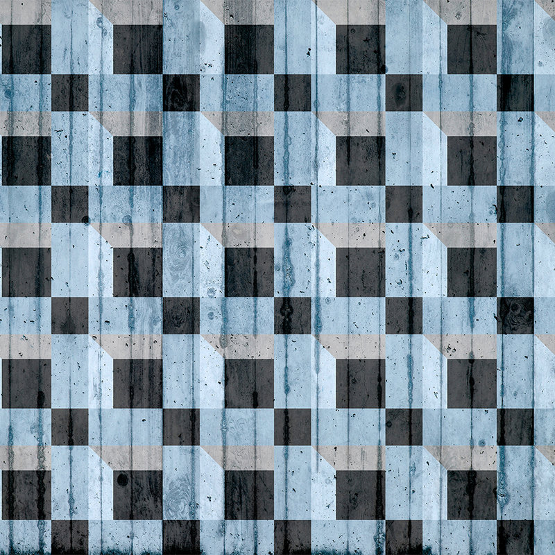 Fototapete Betonoptik mit Quadrat-Muster – Blau, Schwarz, Grau
