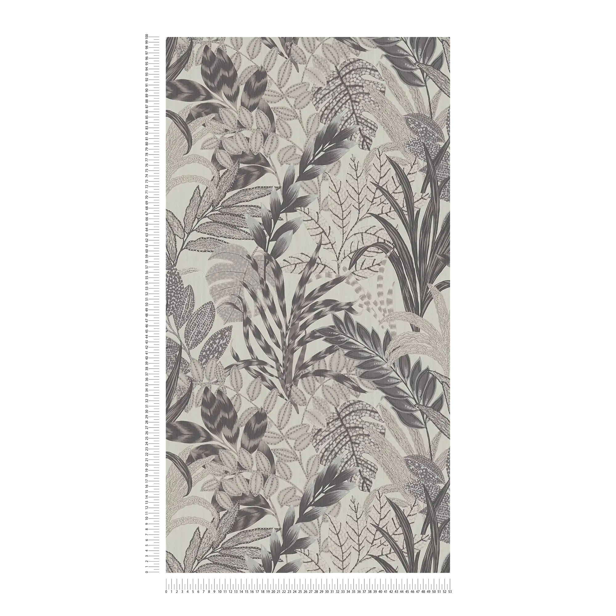             Monochrome Dschungel Tapete mit Prägestruktur – Grau, Weiß
        