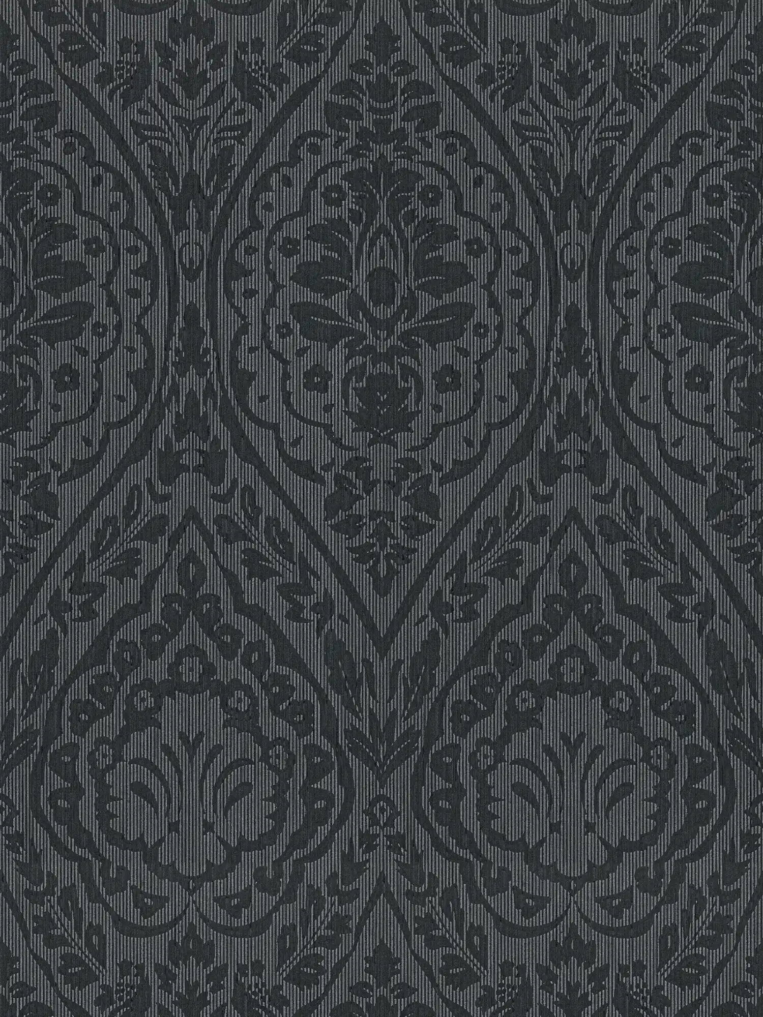 Florale Ornament Tapete im Kolonial Stil – Grau, Schwarz
