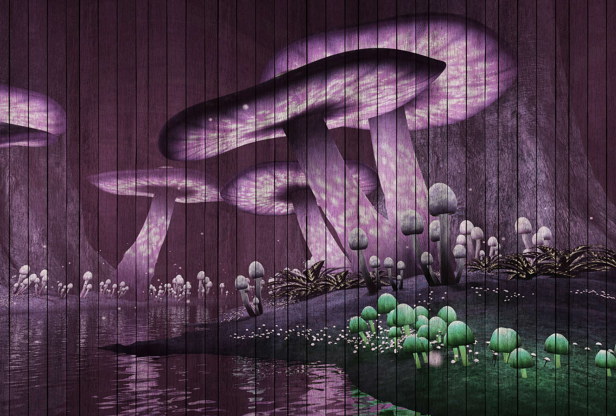             Fantasy 2 - Fototapete magischer Wald mit Holzpaneele Struktur – Grün, Violett | Perlmutt Glattvlies
        