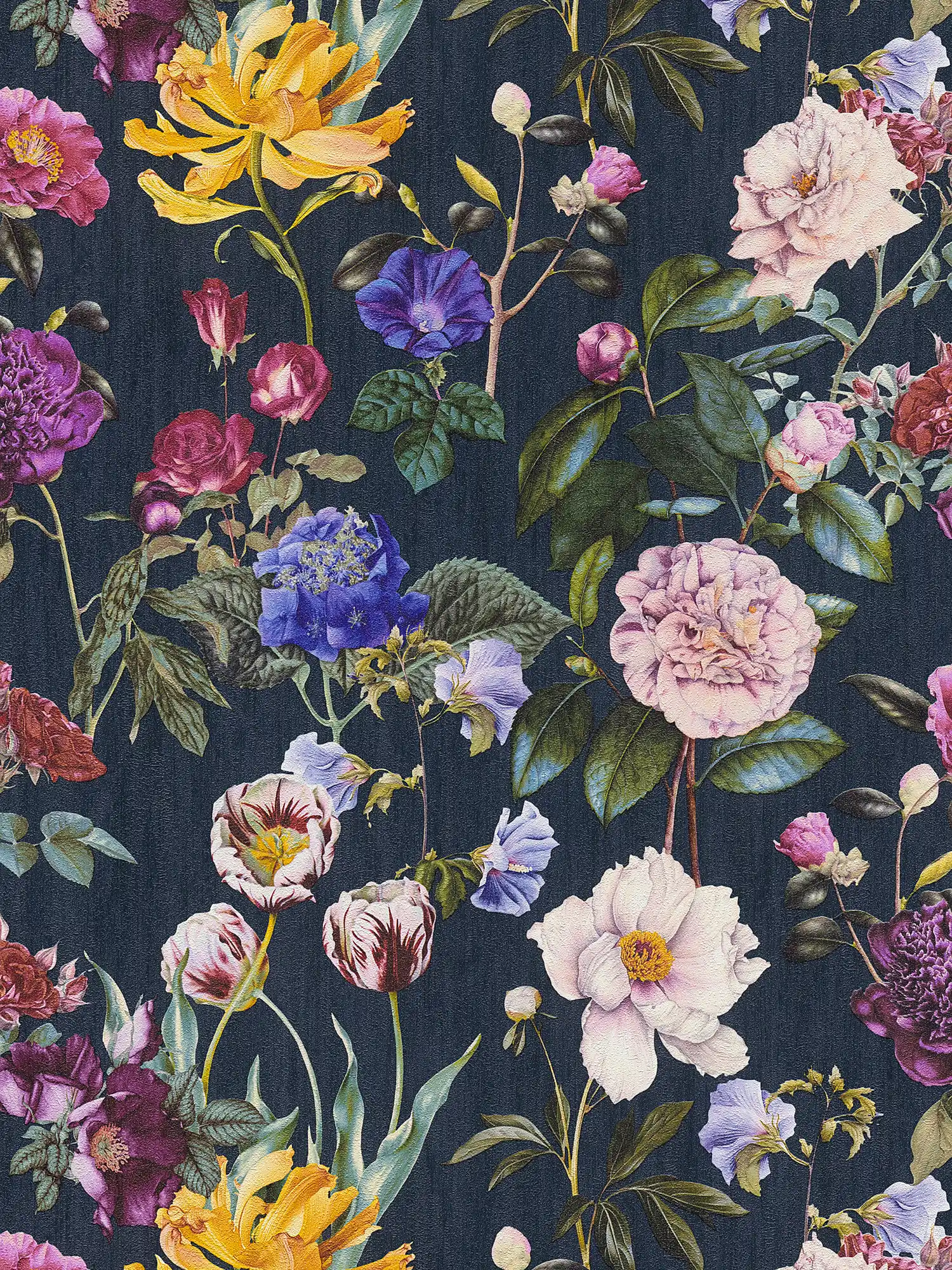 Blüten-Tapete mit Blumen in leuchtenden Farben – Blau, Grün, Rot
