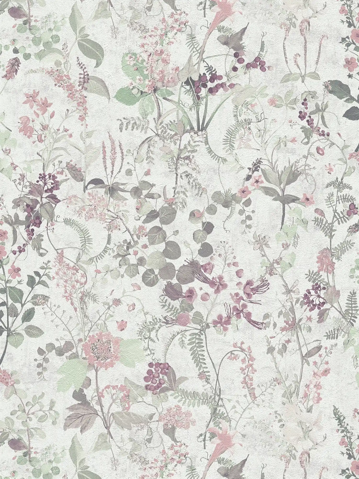         Natur Tapete mit floral Muster – Grau, Grün, Rosa
    