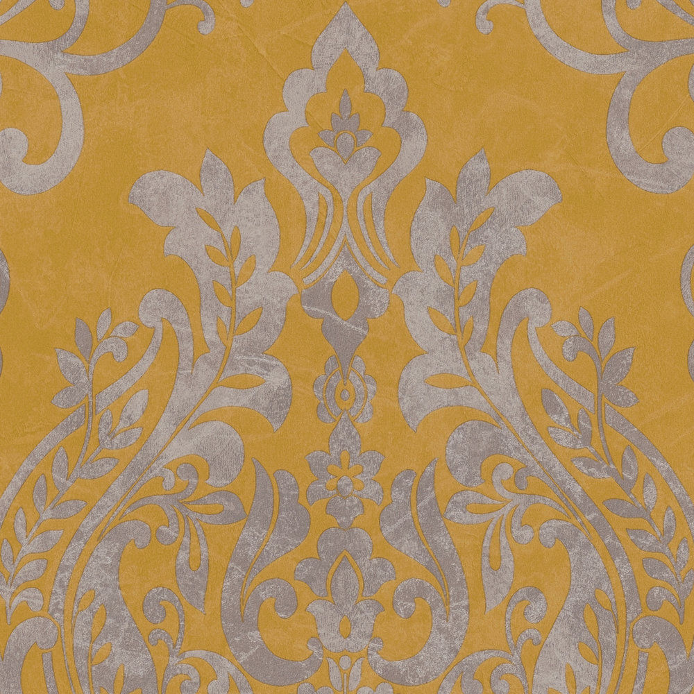             Retro-Tapete Ornamente & Used Look – Gelb, Grau, Metallic
        