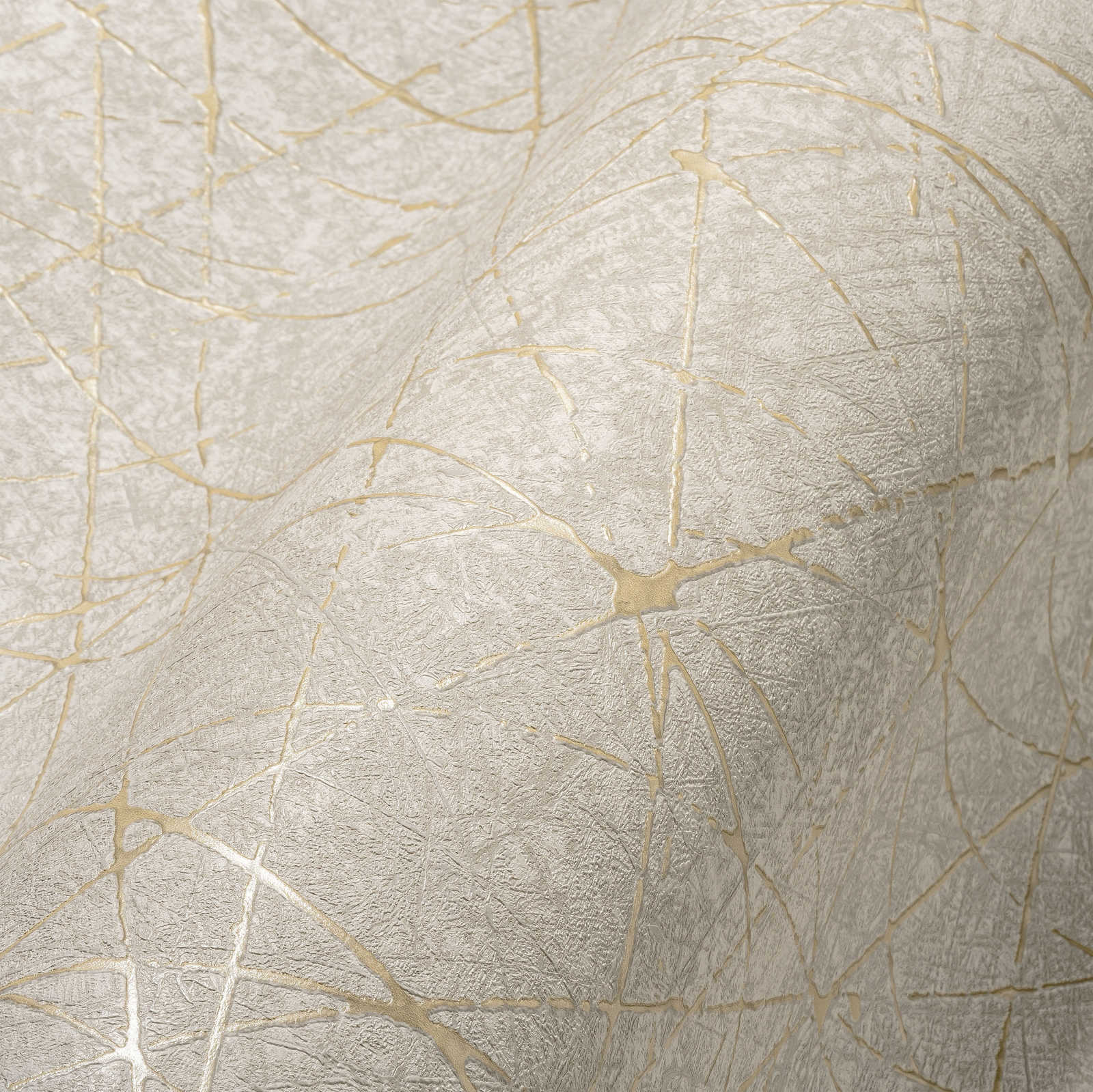             Vliestapete mit grafischen Linien & Metalliceffekt – Creme, Grau, Gold
        