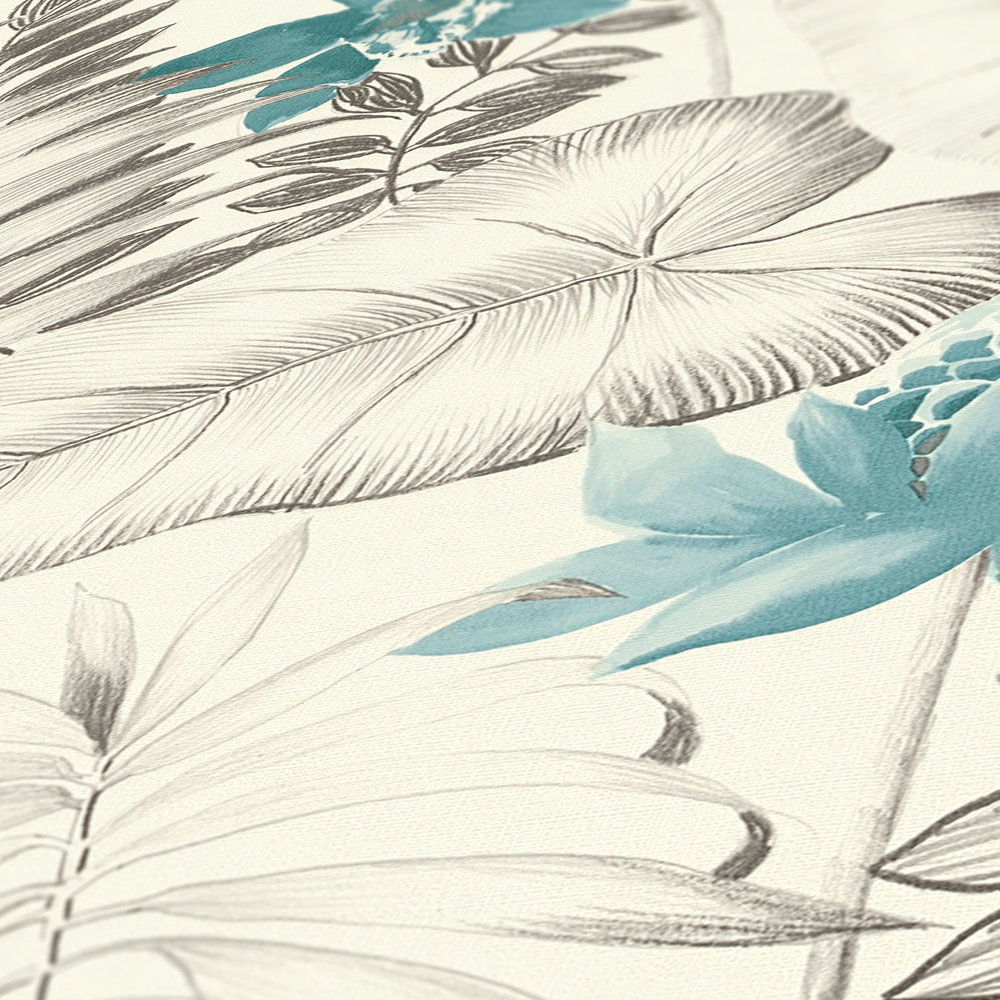            Mustertapete Blüten & exotische Vögel – Blau, Grau, Schwarz
        