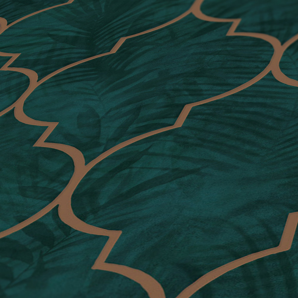             Fliesentapete mit Ornament und Blättermuster – Grün, Türkis, Braun
        