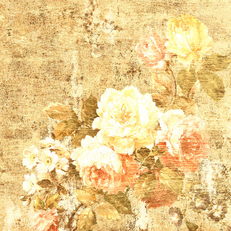 Fototapete Blumen-Ornament mit Rosen, rustikaler Look – Gelb, Rosa, Creme
