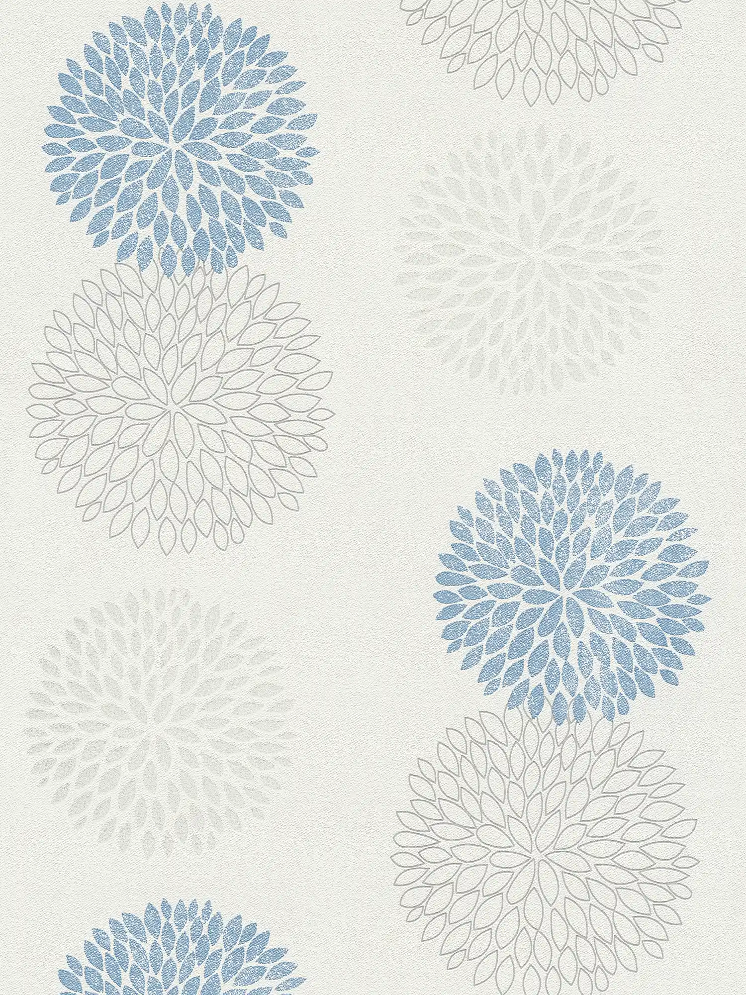 Tapete mit grafischem Blütenmuster – Blau, Grau, Weiß
