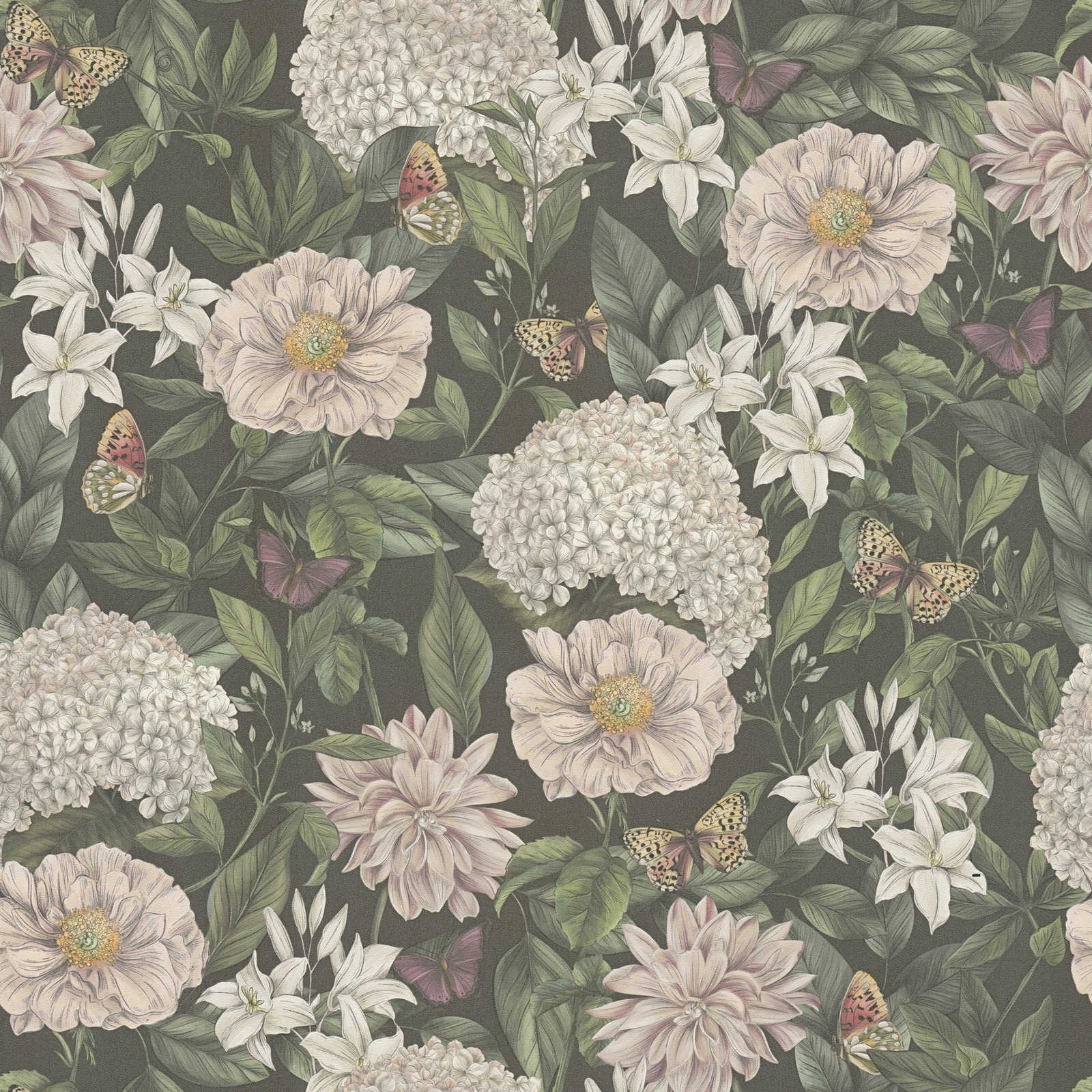 Moderne Tapete im floralen Stil mit Blumen & Schmetterlingen strukturiert – Schwarz, Dunkelgrün, Weiß
