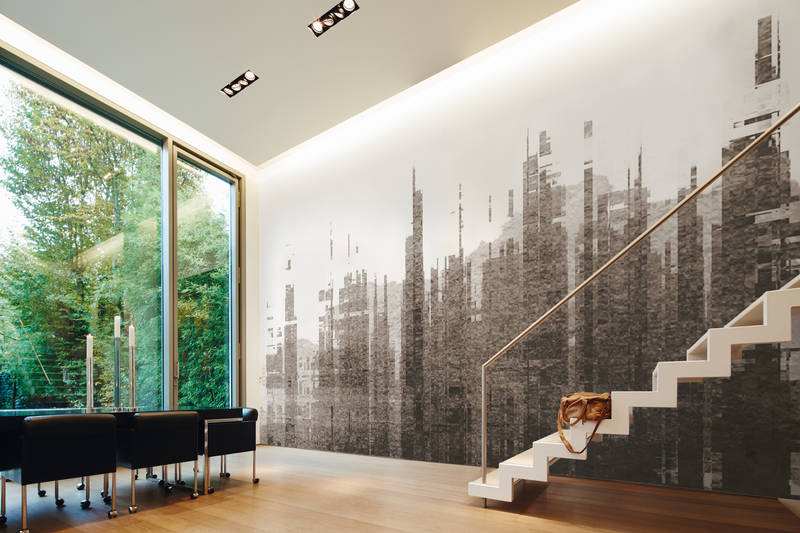             Fototapete Streifendesign & abstrakter Skyline, Kunst – Weiß, Grau, Schwarz
        