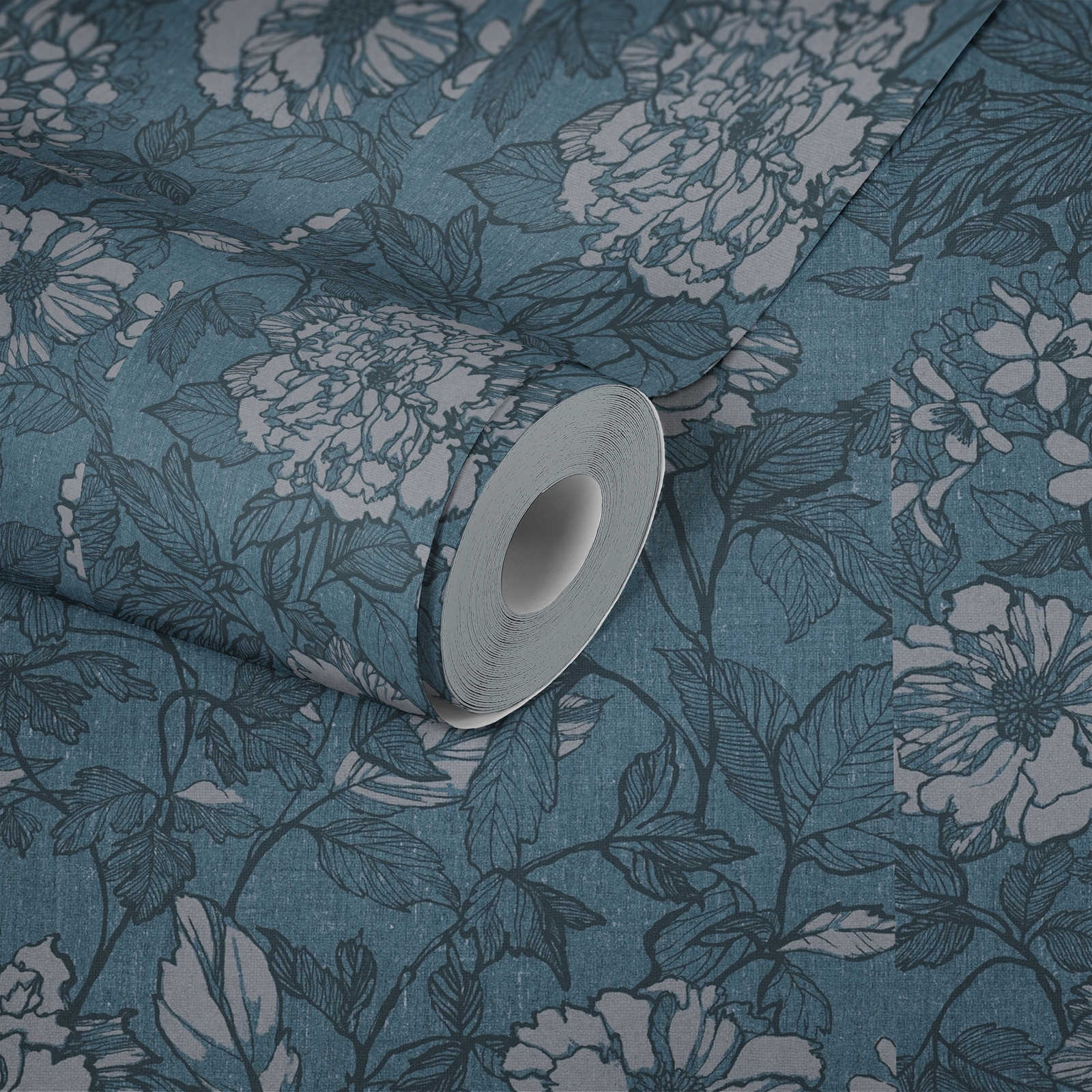             Textiloptik Tapete Petrol mit Blumenmuster – Blau, Grau
        