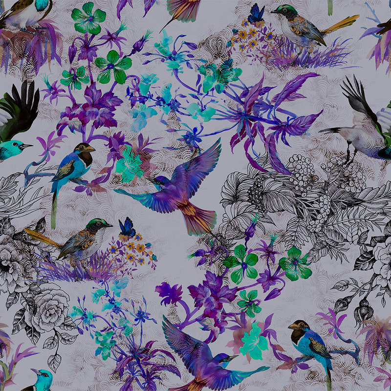 Violette Fototapete mit Blumen & Vögeln – Blau, Grau
