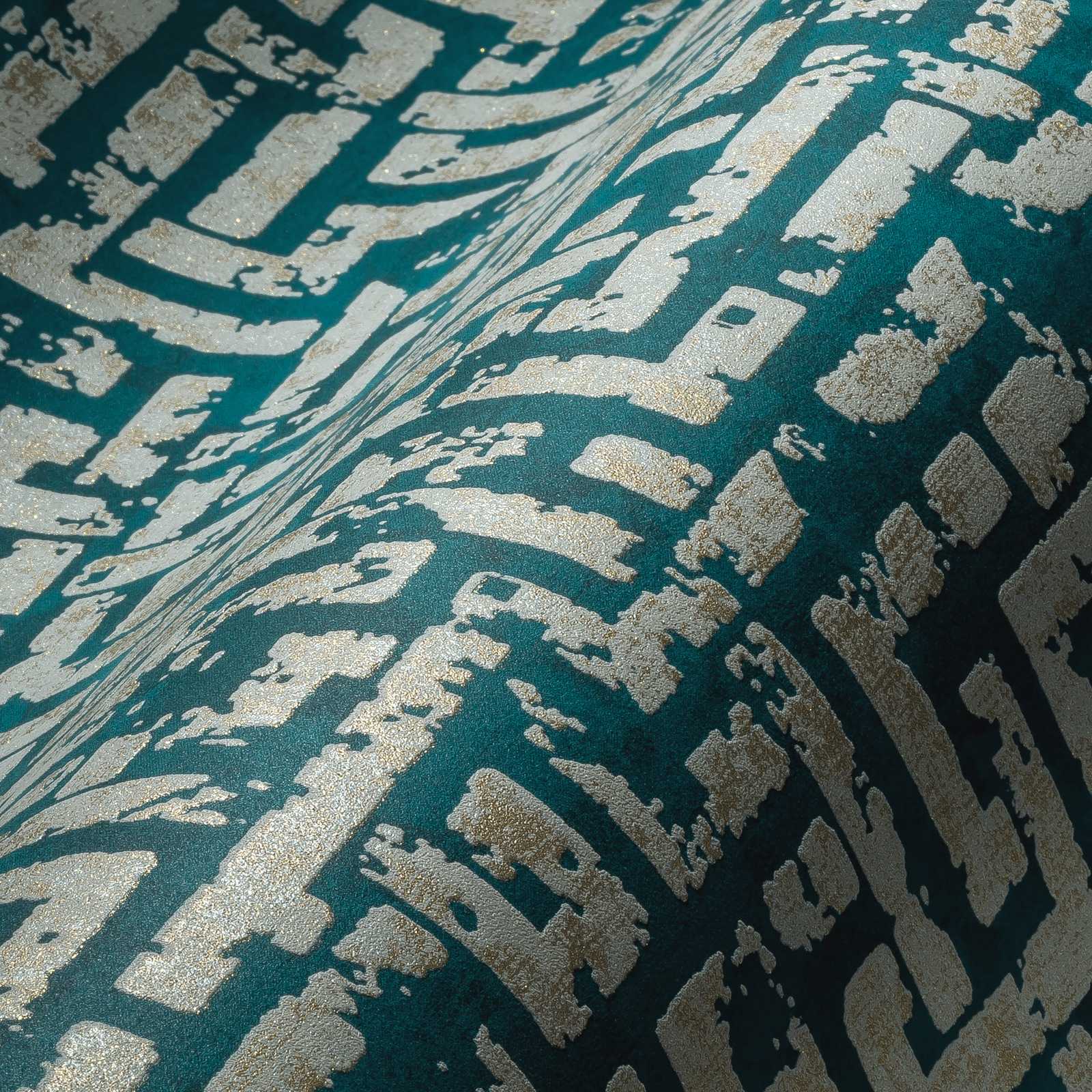             Ethno Tapete mit grafischem Relief Design – Blau, Grün, Beige
        