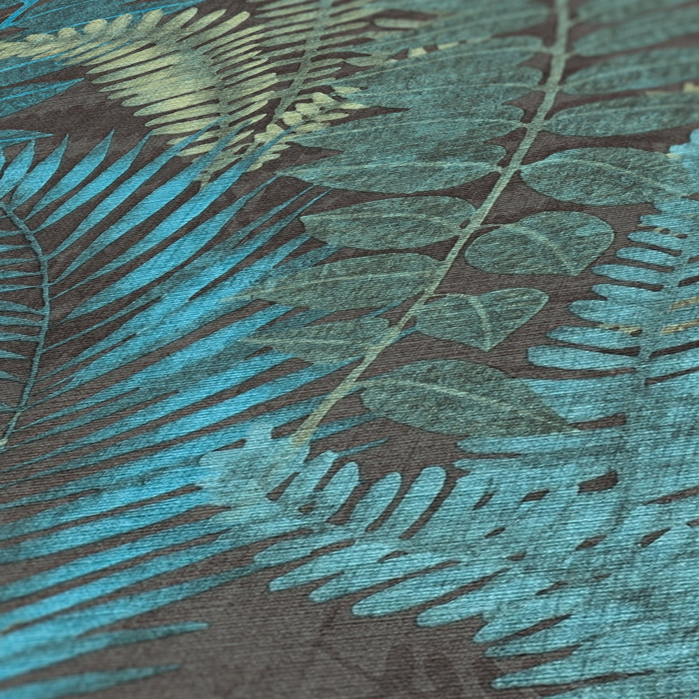             Vliestapete floral mit Farnblättern leicht strukturiert, matt – Schwarz, Blau, Grün
        