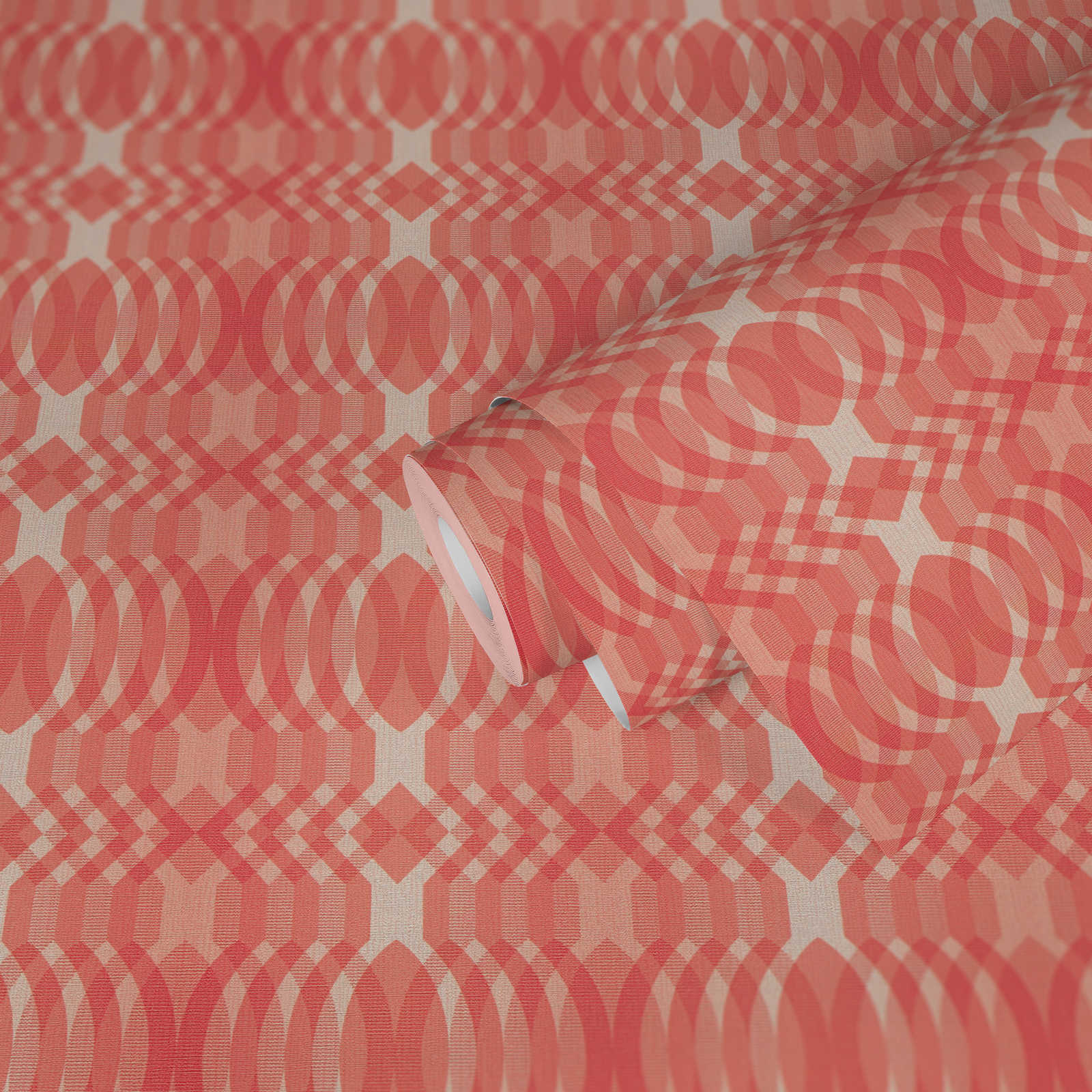             Geometrische Bemusterung auf Vliestapete im Retro Stil – Rot, Creme, Weiß
        