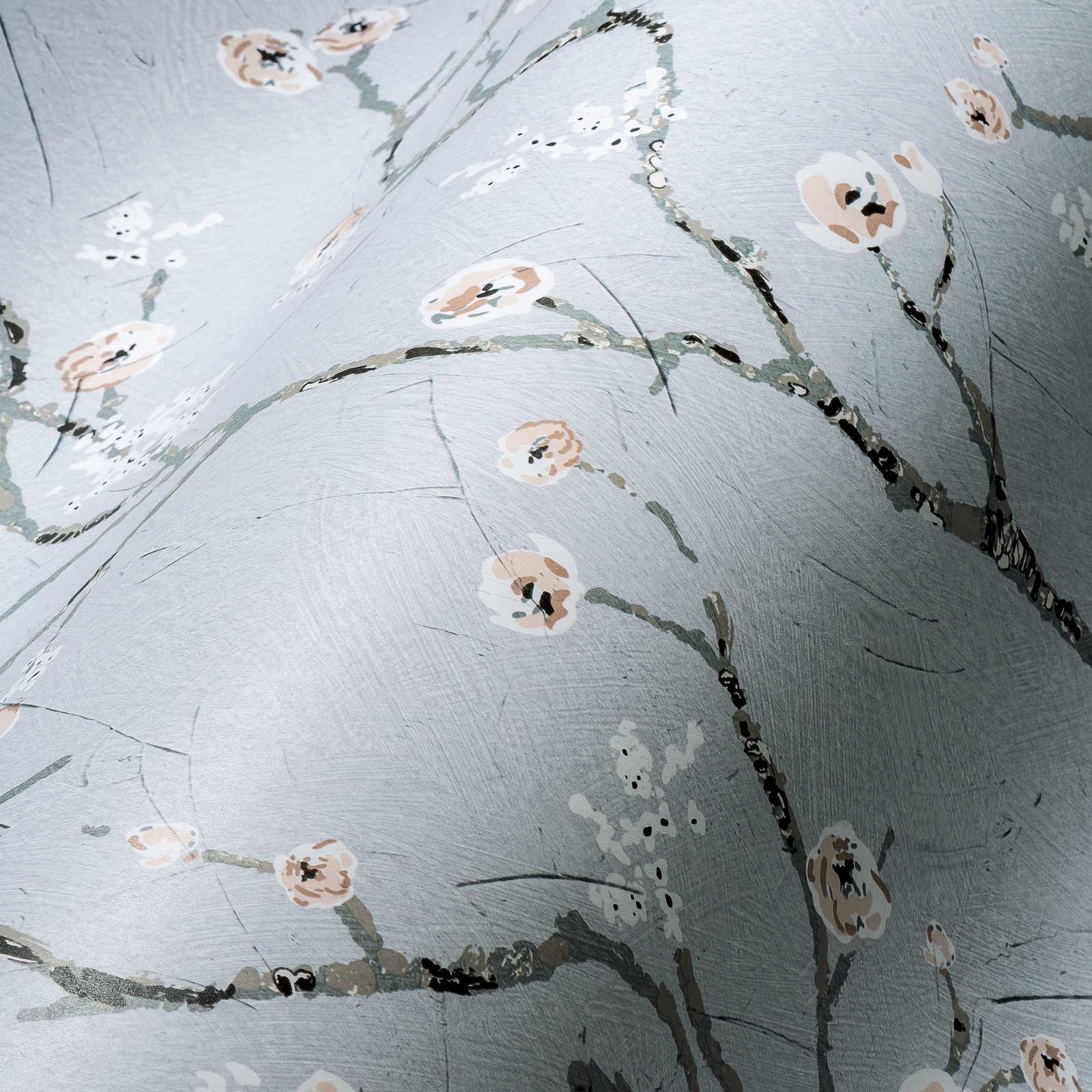             Kirschblüten Tapete im Japandi Stil – Grau, Rosa
        