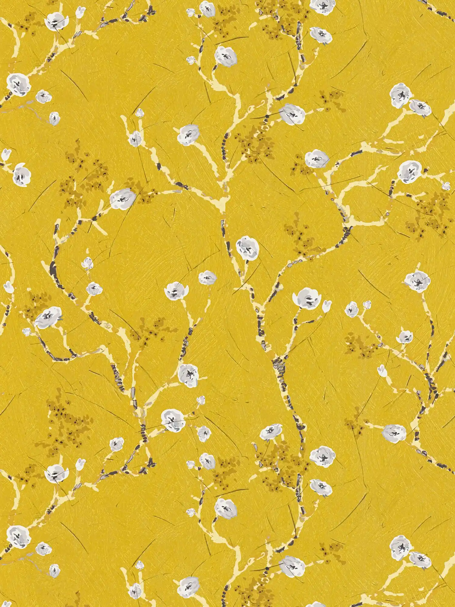 Gelbe Tapete mit blühenden Zweigen im Zeichenstil
