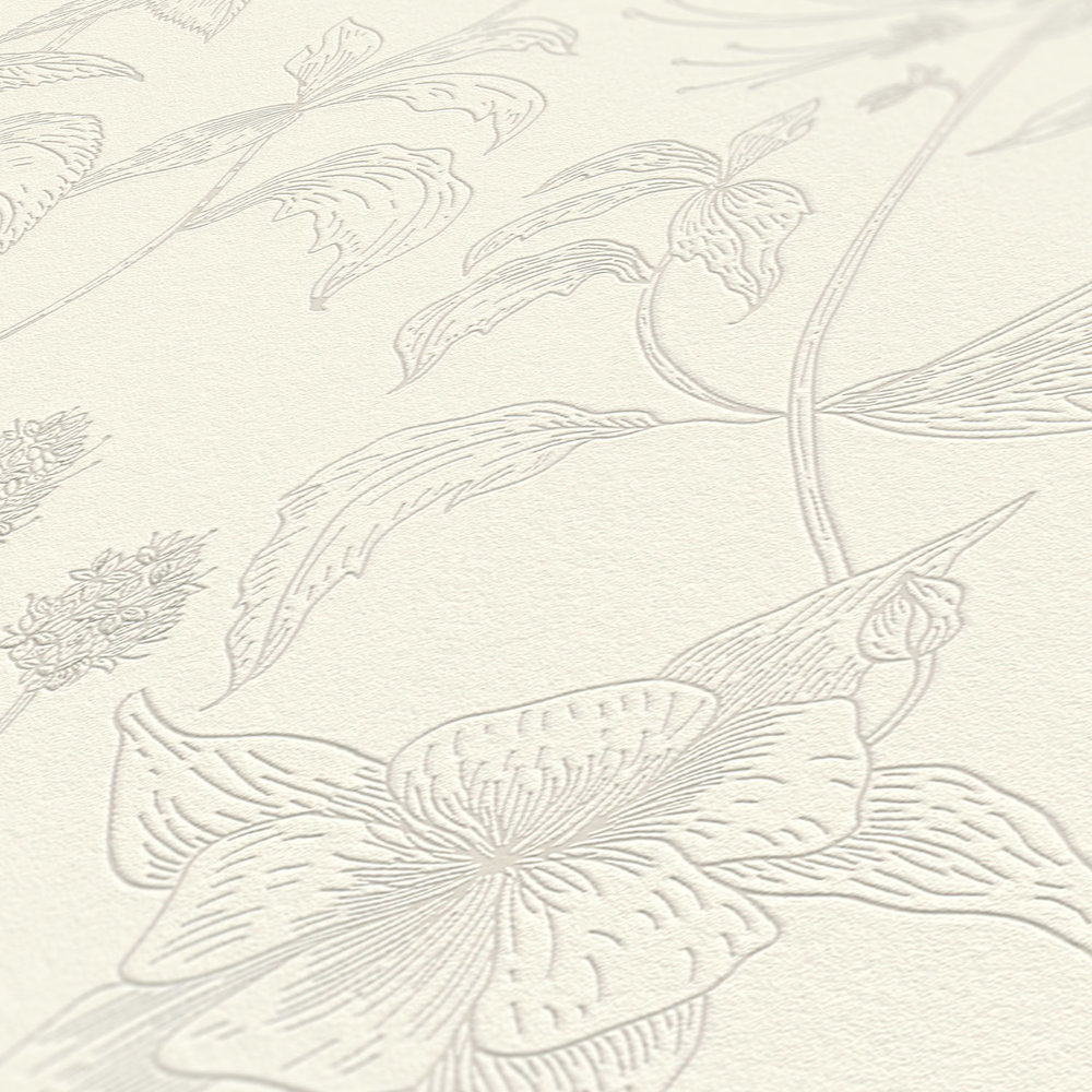             Vliestapete mit Blütenmuster und Metallic-Akzent – Beige, Silber, Weiß
        