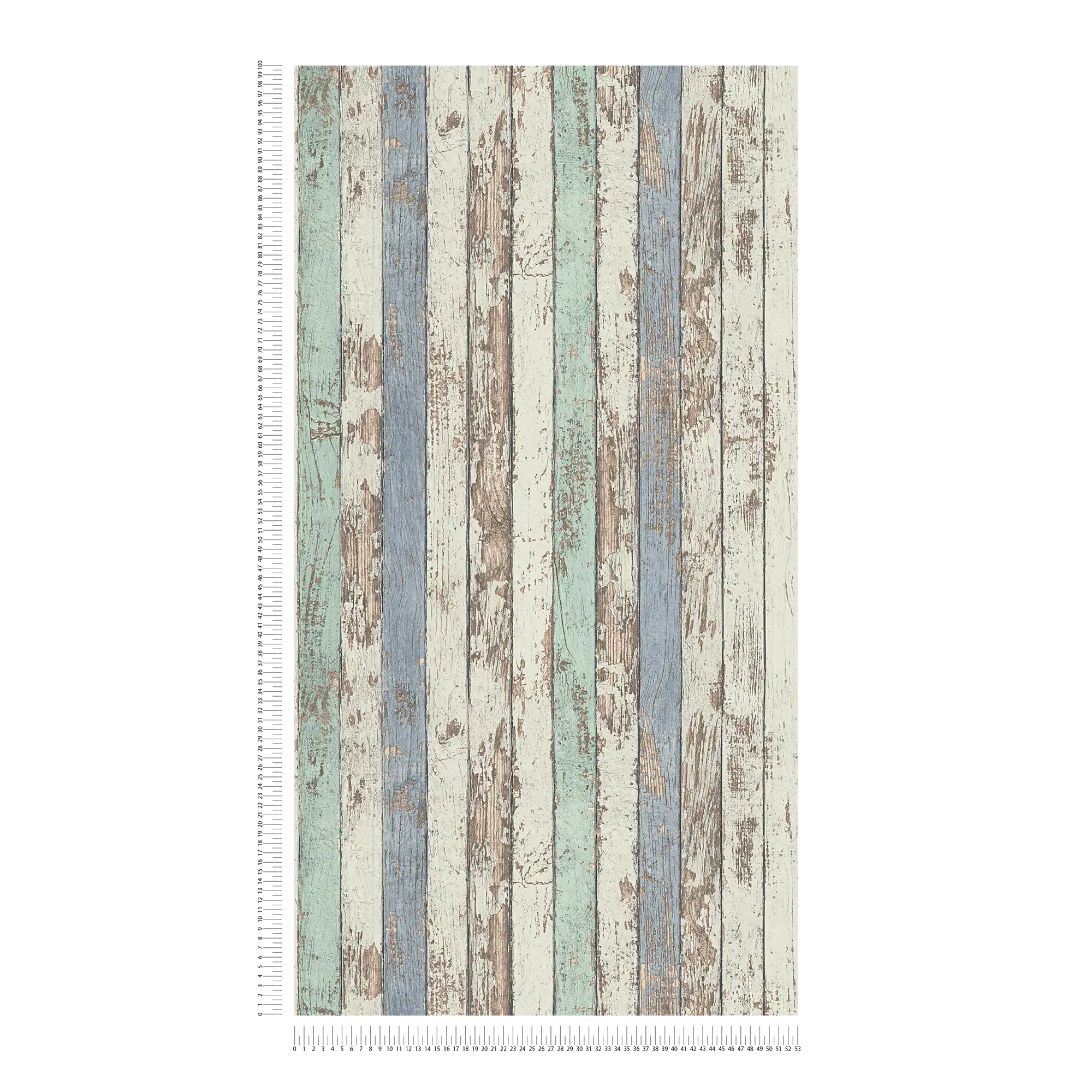             Holztapete mit buntem Brettermotiv im Shabby Chic Stil – Weiß, Braun, Blau
        