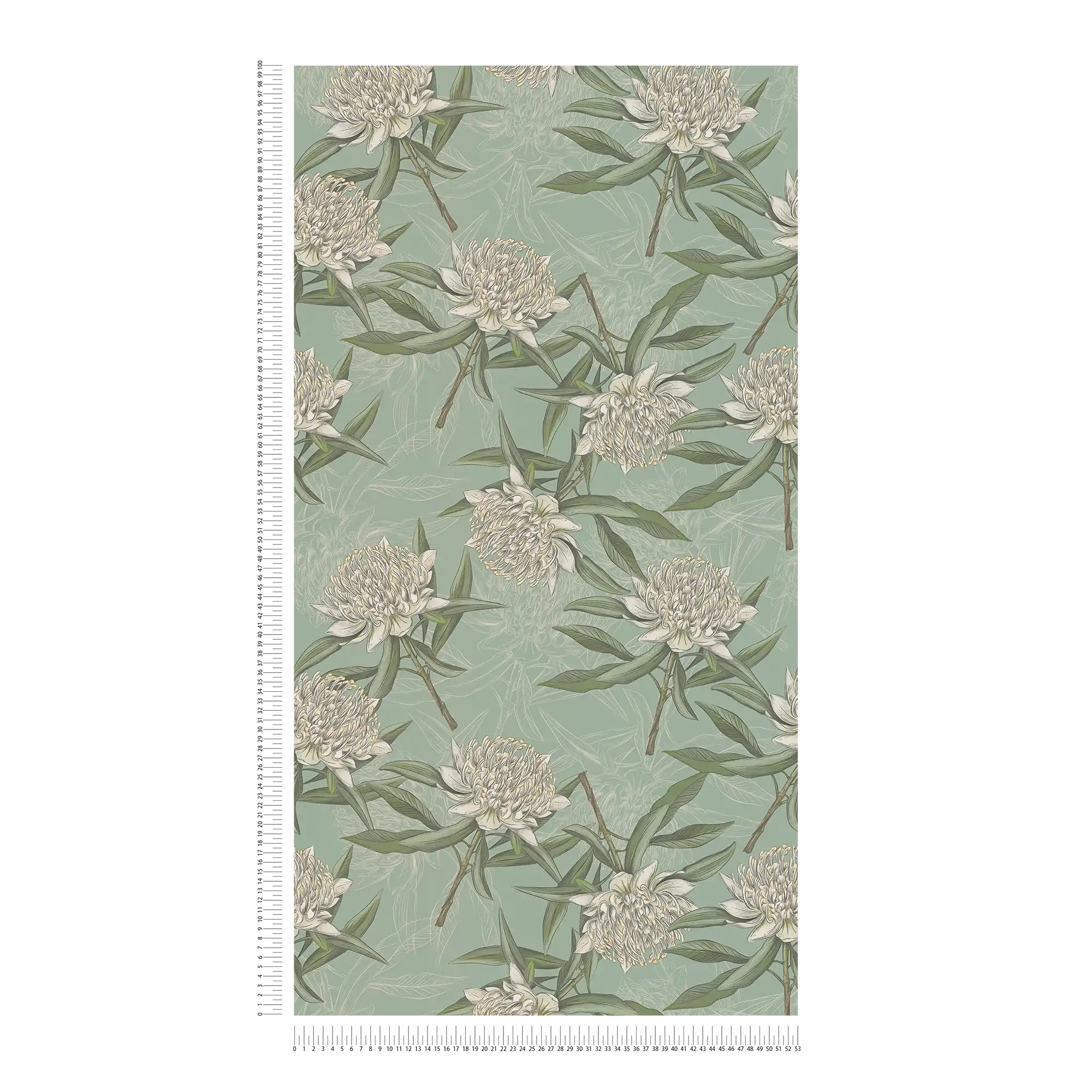             Florale Tapete mit Blättern & Blumen strukturiert matt – Blau, Grün, Weiß
        