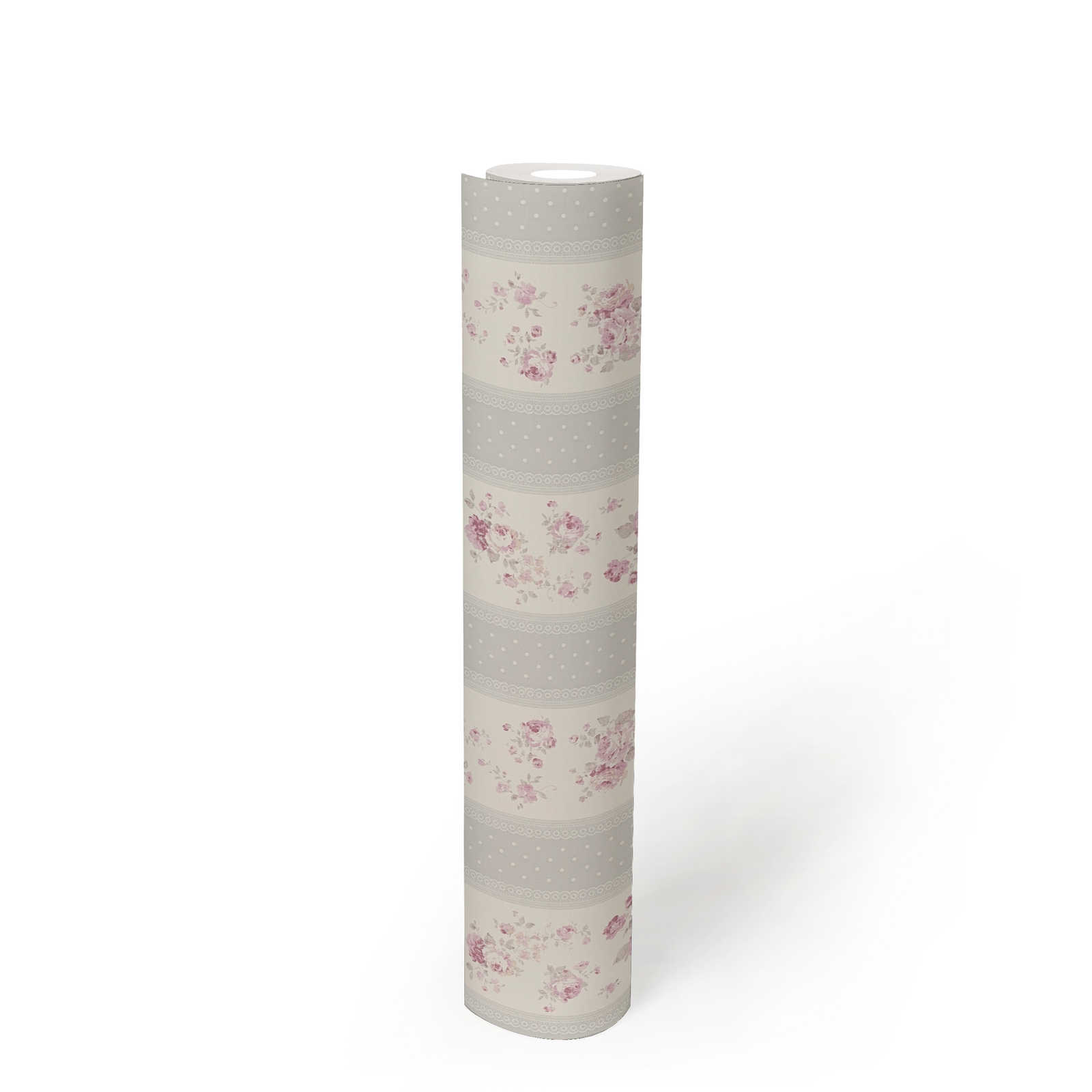             Streifentapete mit Blumen und Punkt Muster – Grau, Weiß, Rosa
        