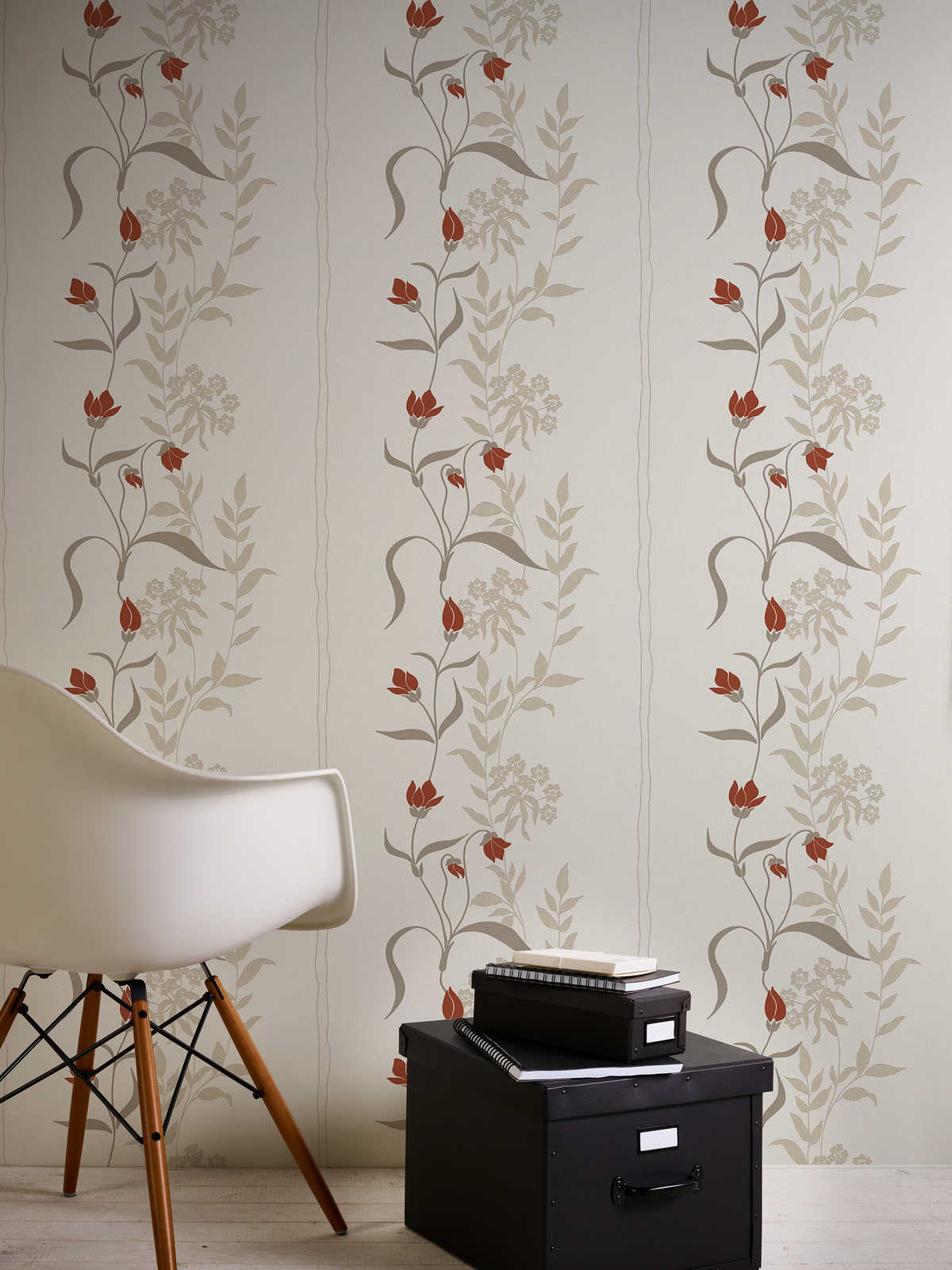             Wohnzimmer Tapete mit Blumen Ranken – Beige, Braun, Rot
        