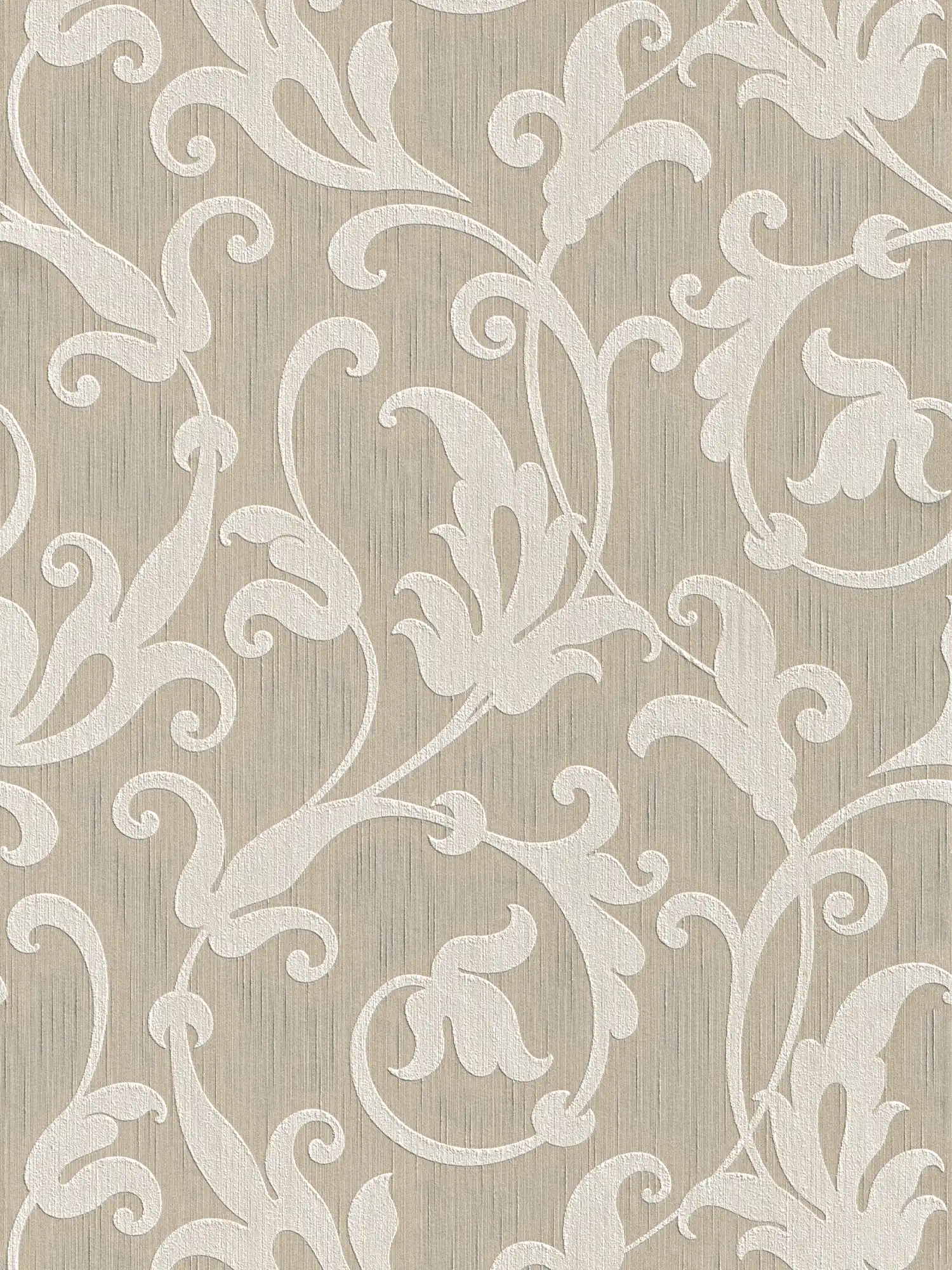 Textil Tapete mit Ornamenten geprägt – Beige, Silber
