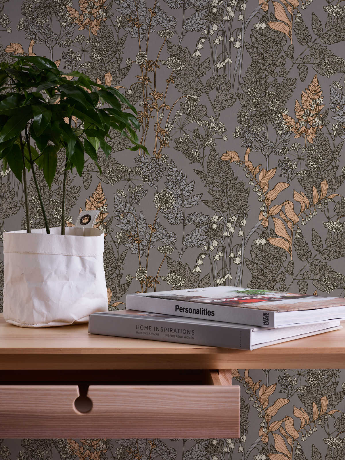             Tapete Taupe mit Blumen Design im modernen Stil – Grau, Beige, Gelb
        