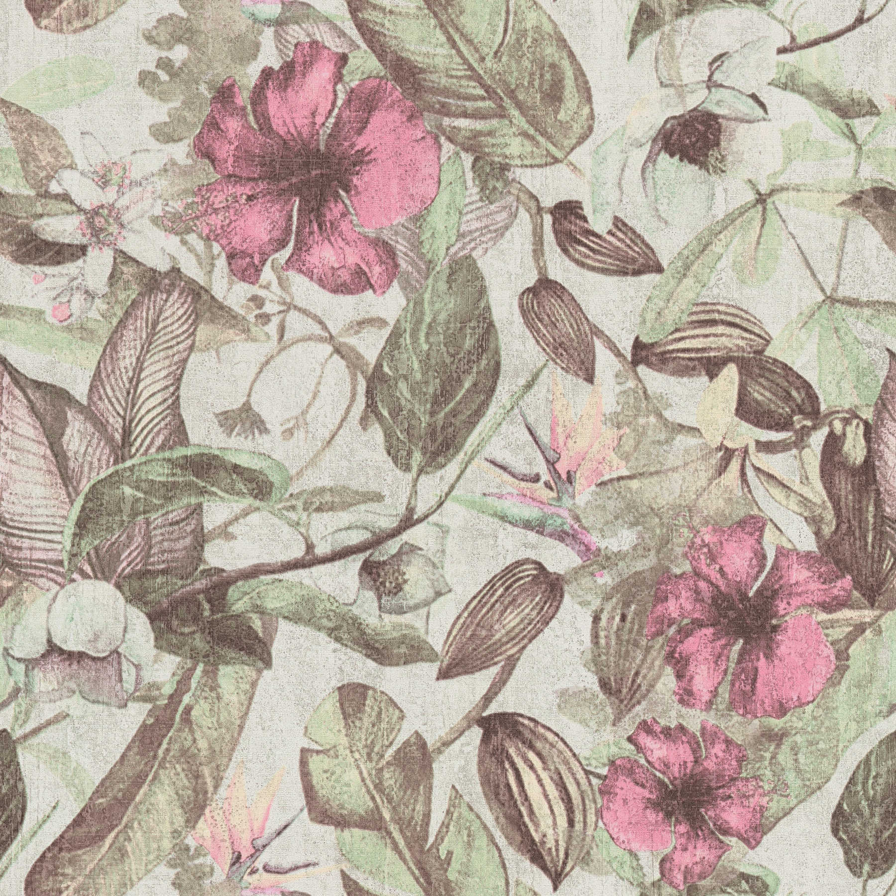 Tapete Blütenmuster, Tropen Stil & Textil-Optik – Rosa, Grün, Braun
