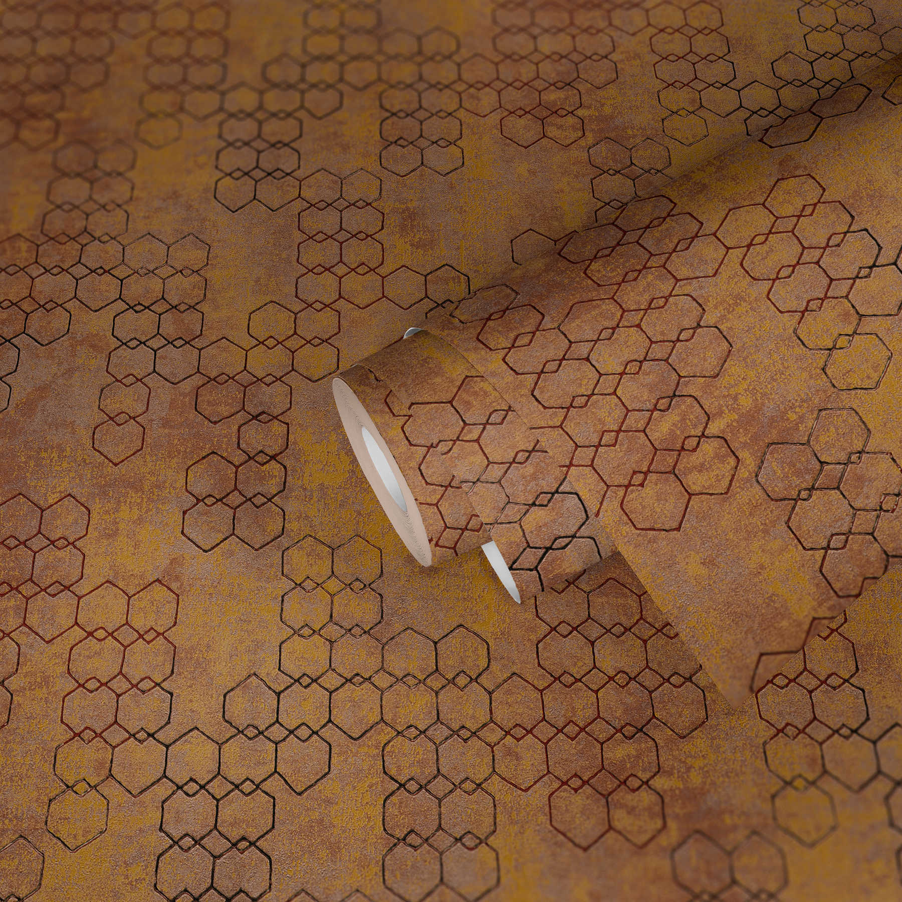             Geometrische Mustertapete im Industrial Style – Orange, Gold, Braun
        