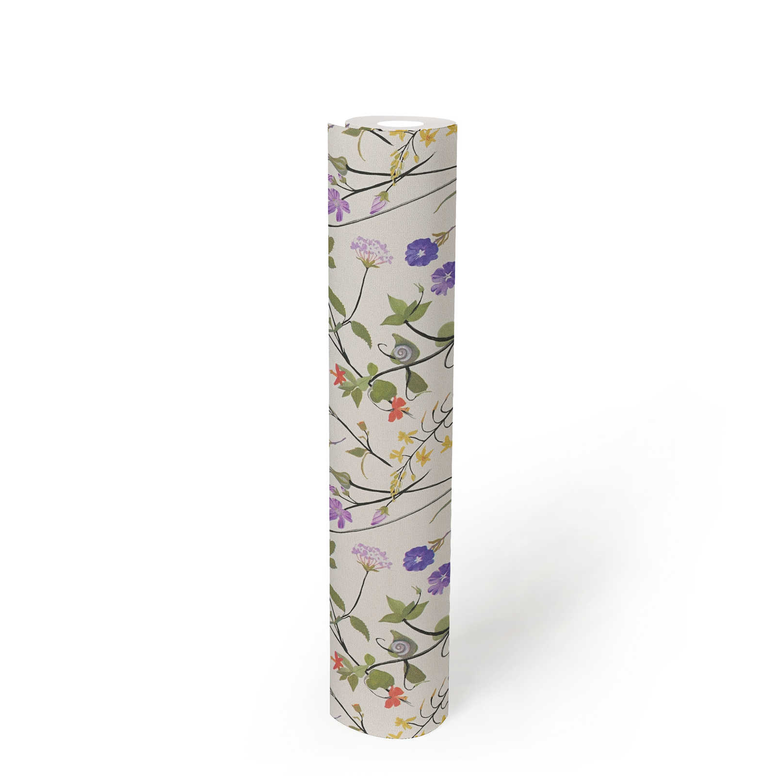             Florale Tapete mit detailliertem Blumenmuster – Creme, Grün, Bunt
        