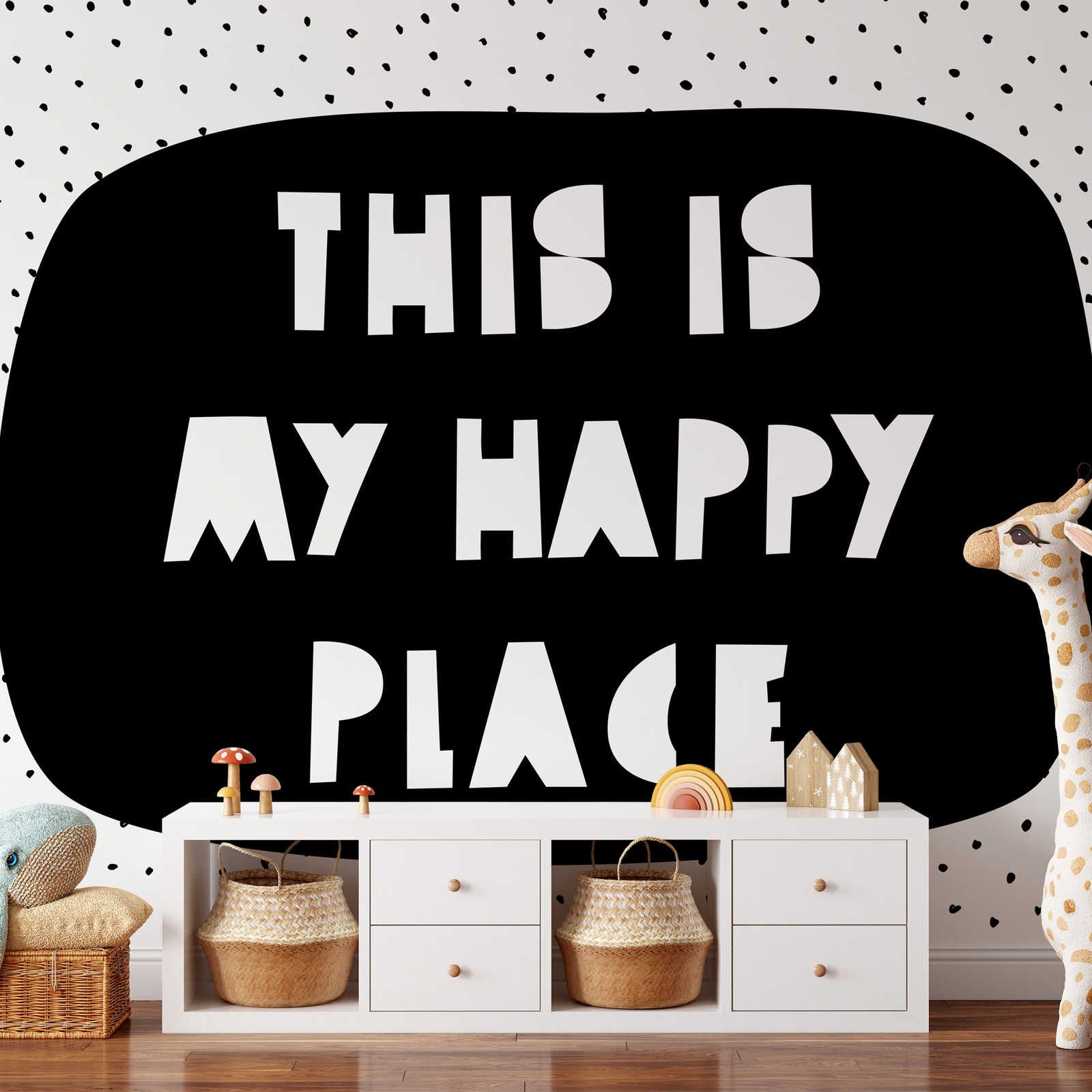 Fototapete fürs Kinderzimmer mit Schriftzug "This is my happy place" – Glattes & perlmutt-schimmerndes Vlies

