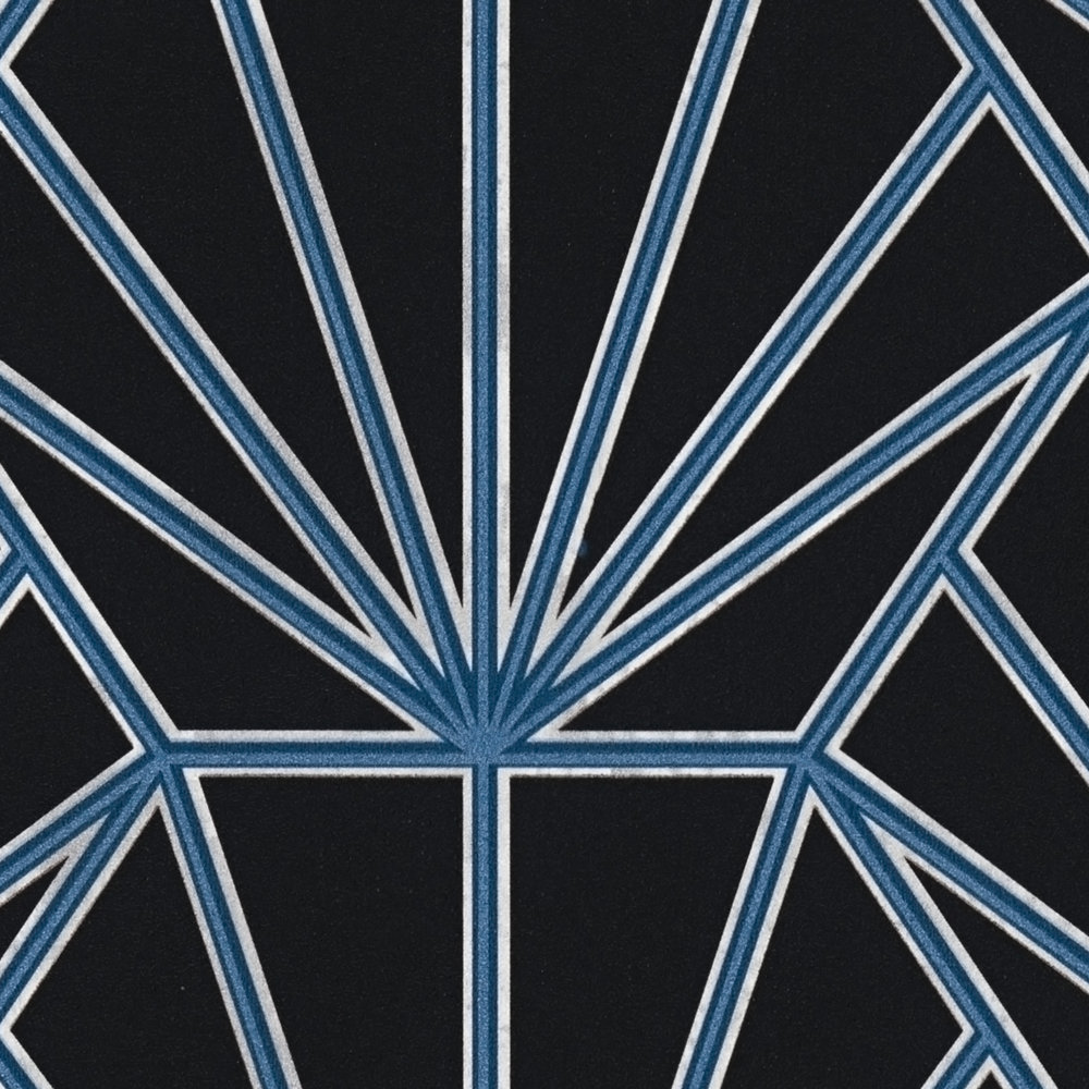             Art Déco Tapete gemustert im Retro Look – Schwarz, Blau, Weiß
        