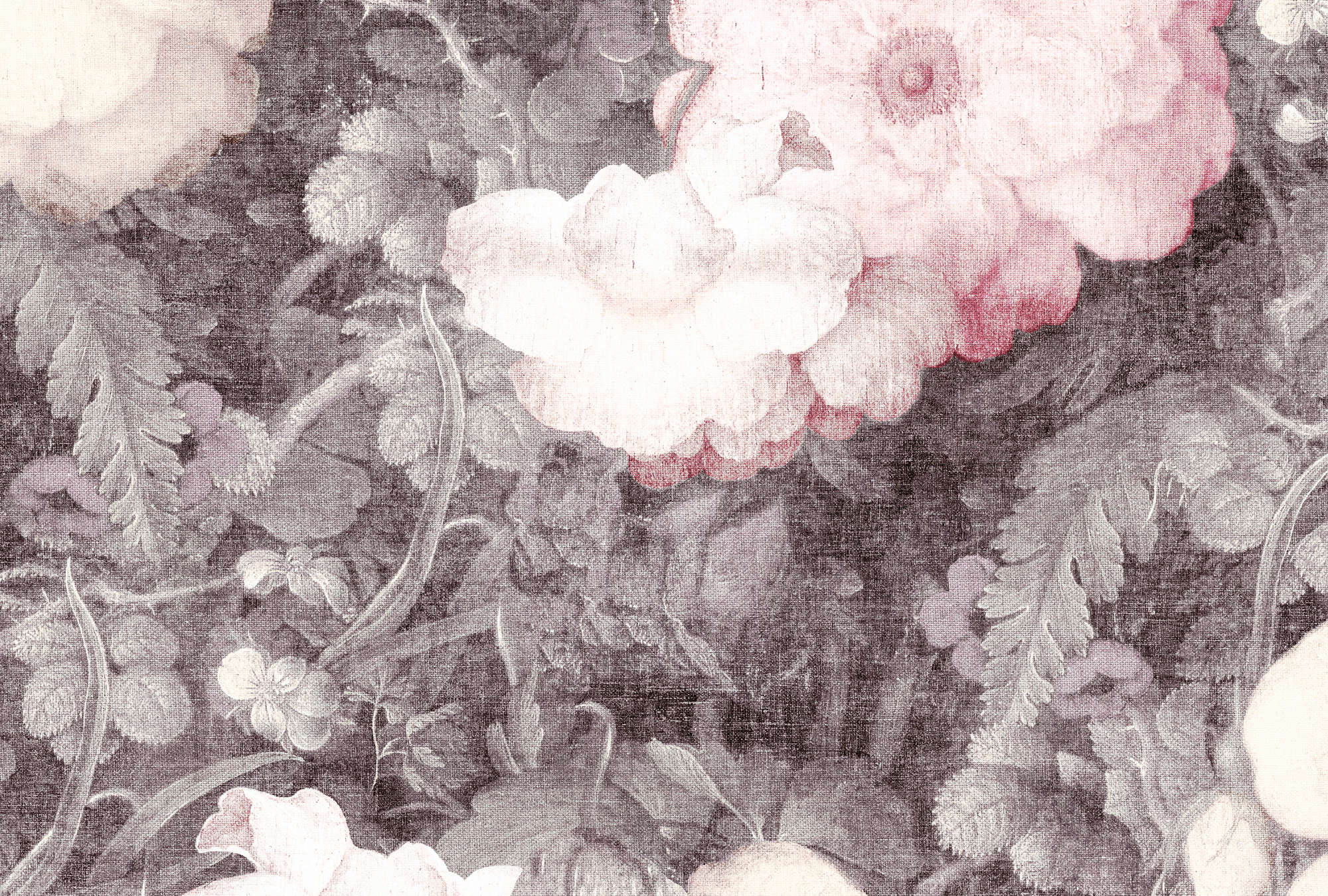             Blumen Fototapete im Gemälde-Look, Vintage & Leinen – Rosa, Grau
        