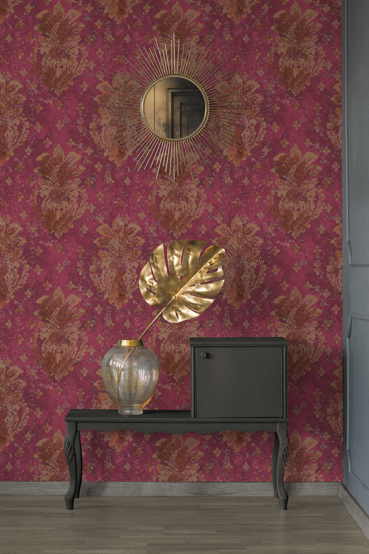             Weinrote Tapete mit Ornamenten im Boho Stil – Metallic, Rot
        