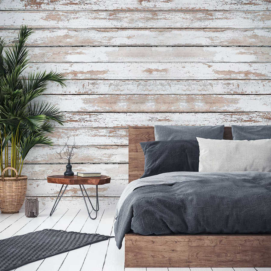 Fototapete Holzwand mit horizontalen Brettern naturell – Weiß, Beige
