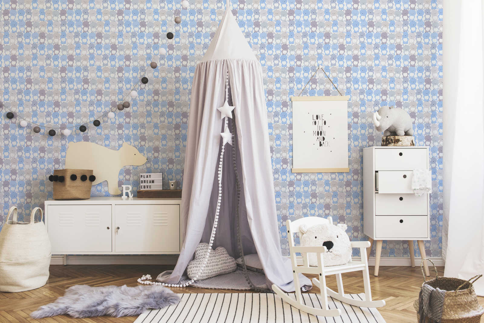             Kinder Tapete Jungenzimmer Bärchen Muster – Blau, Grau , Weiß
        