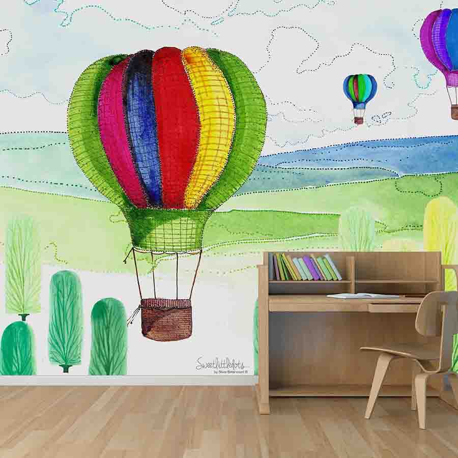 Kinder Fototapete Ballon und Wald Zeichnungen auf Strukturvlies
