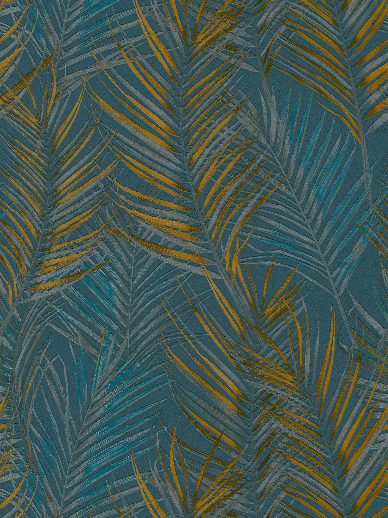 Tapete Dschungel Muster mit Palmenblättern – Blau, Gelb, Petrol
