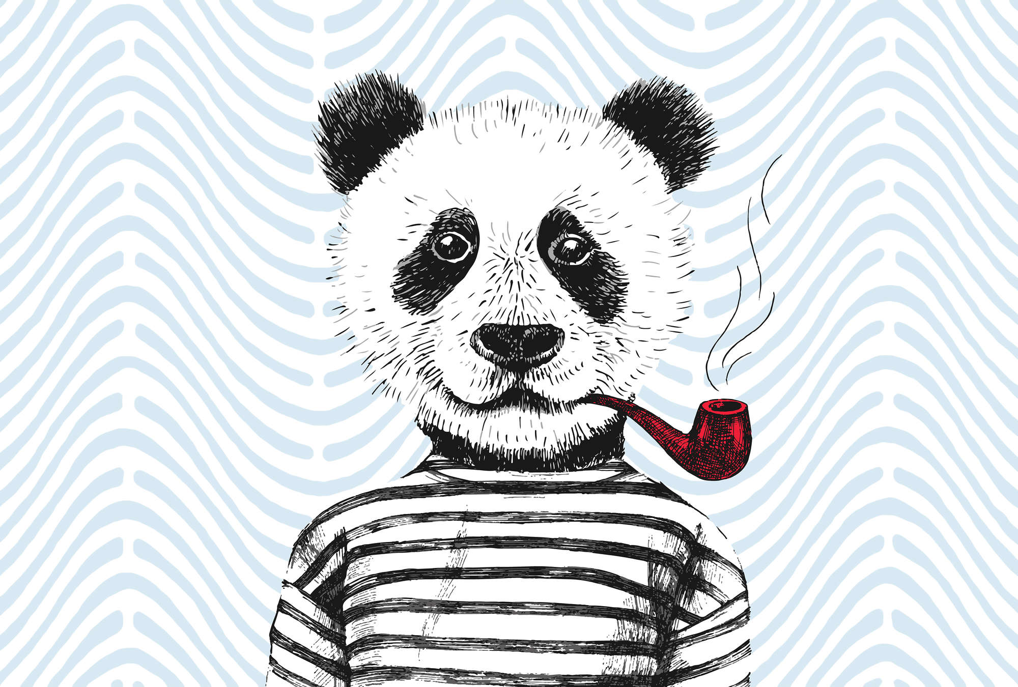             Fototapete Comic-Design für Kinderzimmer Panda-Motiv – Blau, Rot, Weiß
        