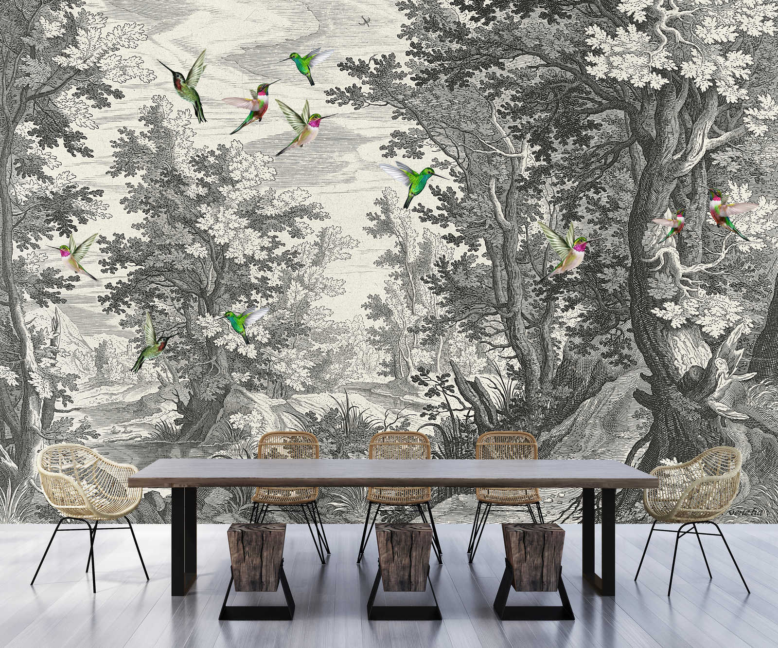             Fancy Forest 1 – Landschaft Fototapete Kunstdruck mit Vögeln
        