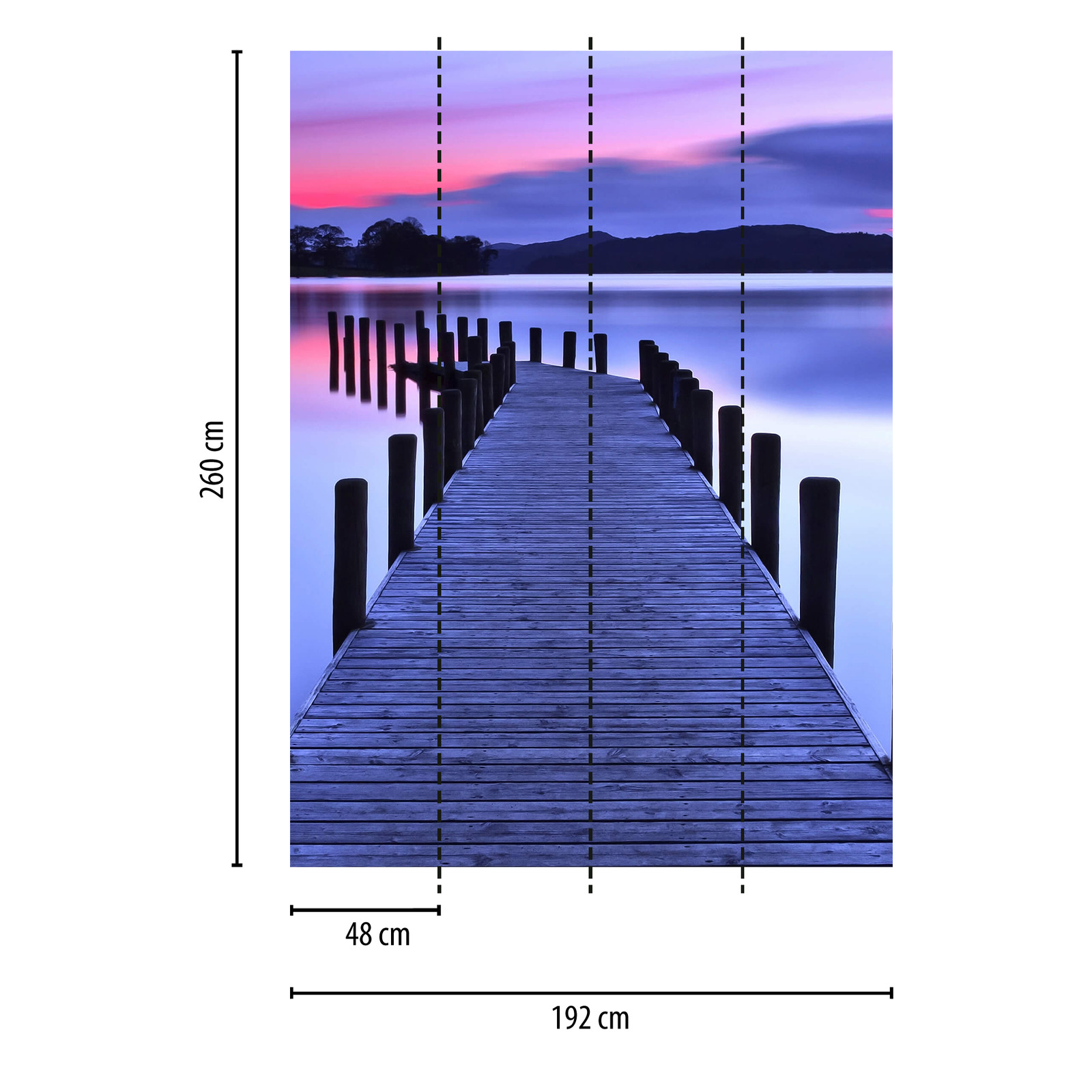             schmale Fototapete mit Brücke am See – Lila, Rosa
        