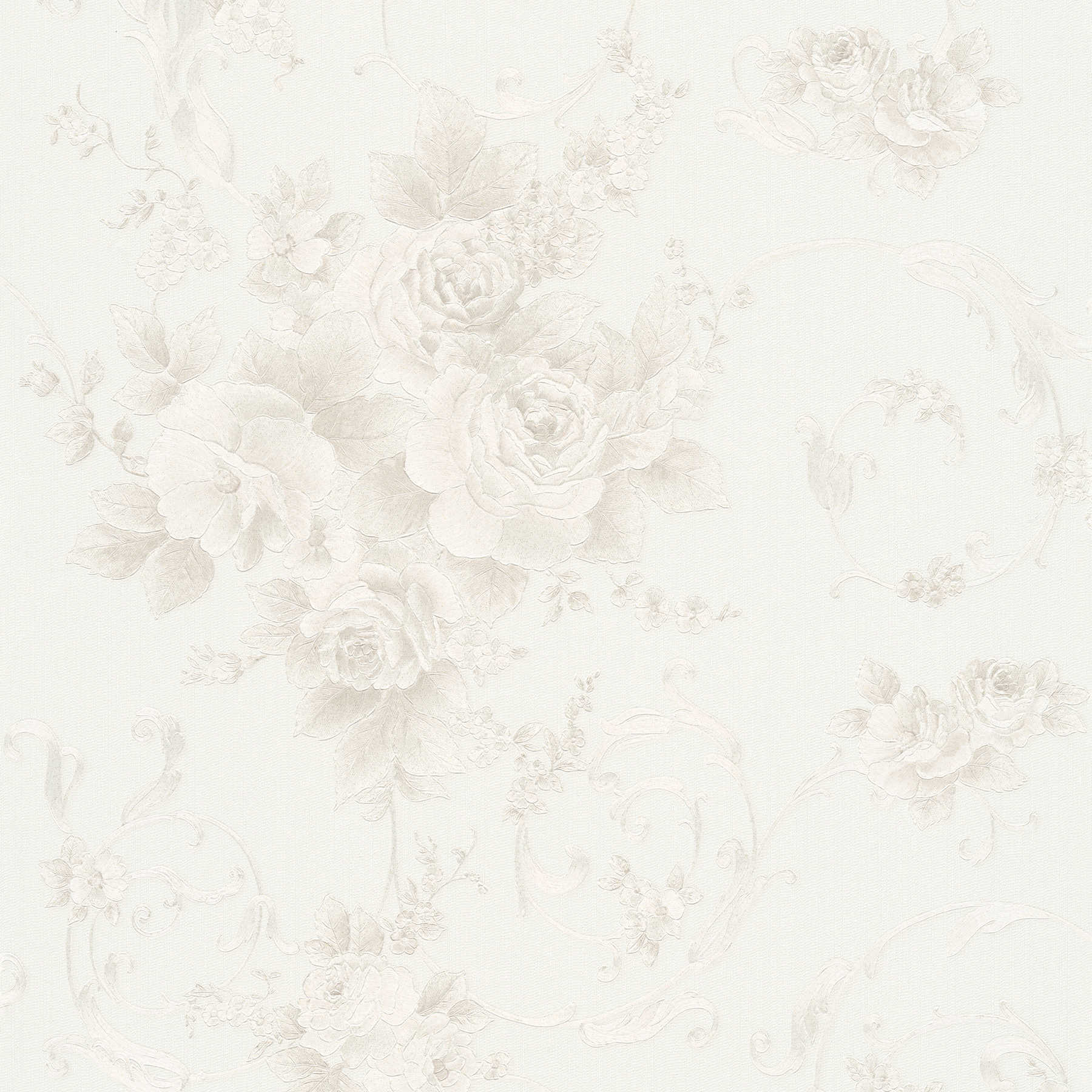         Rosenblüten-Tapete mit Metallic-Effekt im Landhausstil – Grau, Bronze, Weiß
    