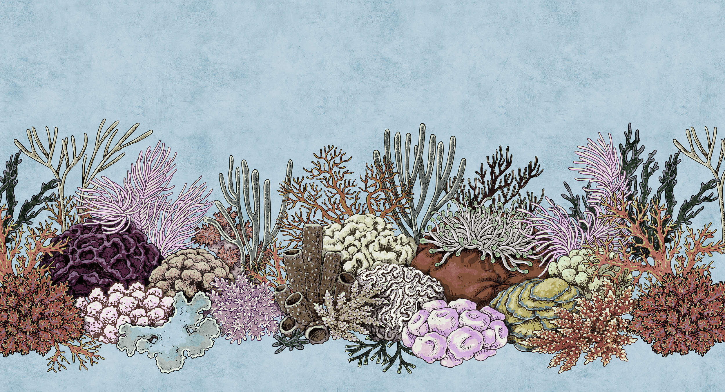             Octopus´s Garden 1 - Unterwasser Fototapete mit Korallen in Löschpapier Struktur – Blau, Rosa | Premium Glattvlies
        