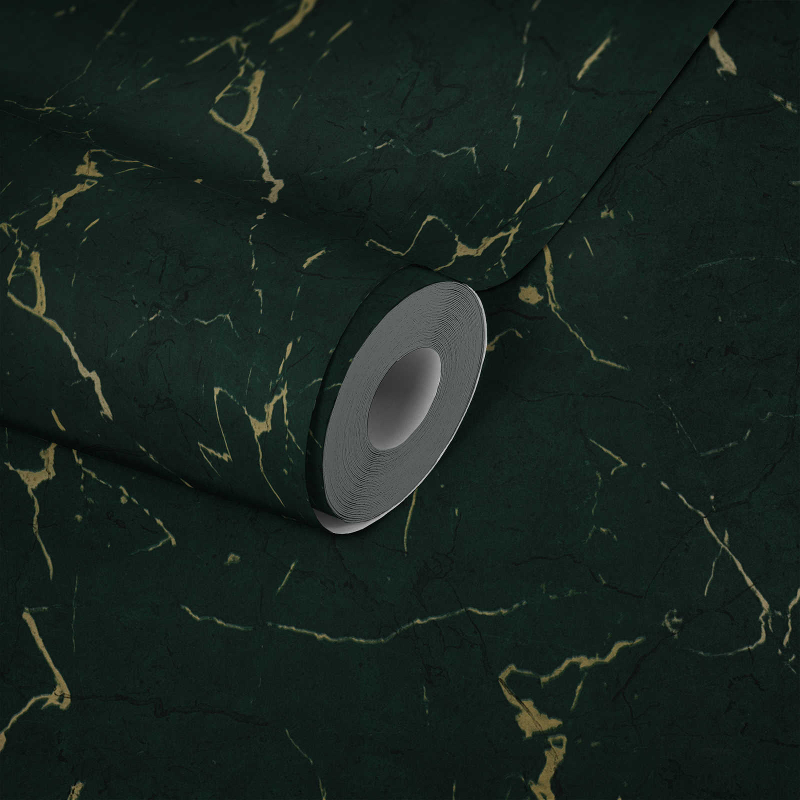             Dunkelgrüne Marmortapete mit edlem Glanz-Effekt – Grün, Metallic
        