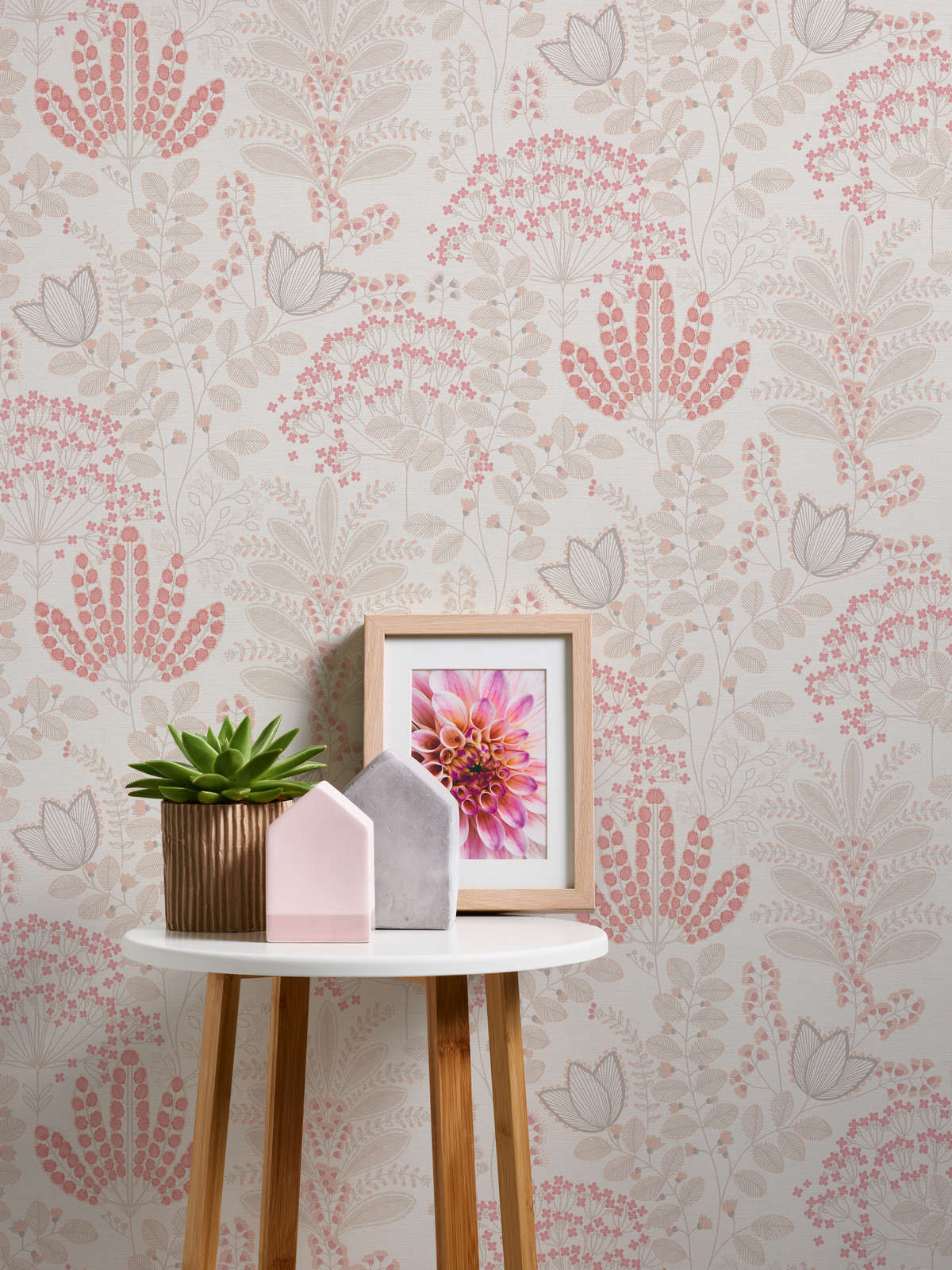            Florale Tapete mit Blättern im Retro-Design leicht strukturiert, matt – Weiß, Taupe, Rosa
        