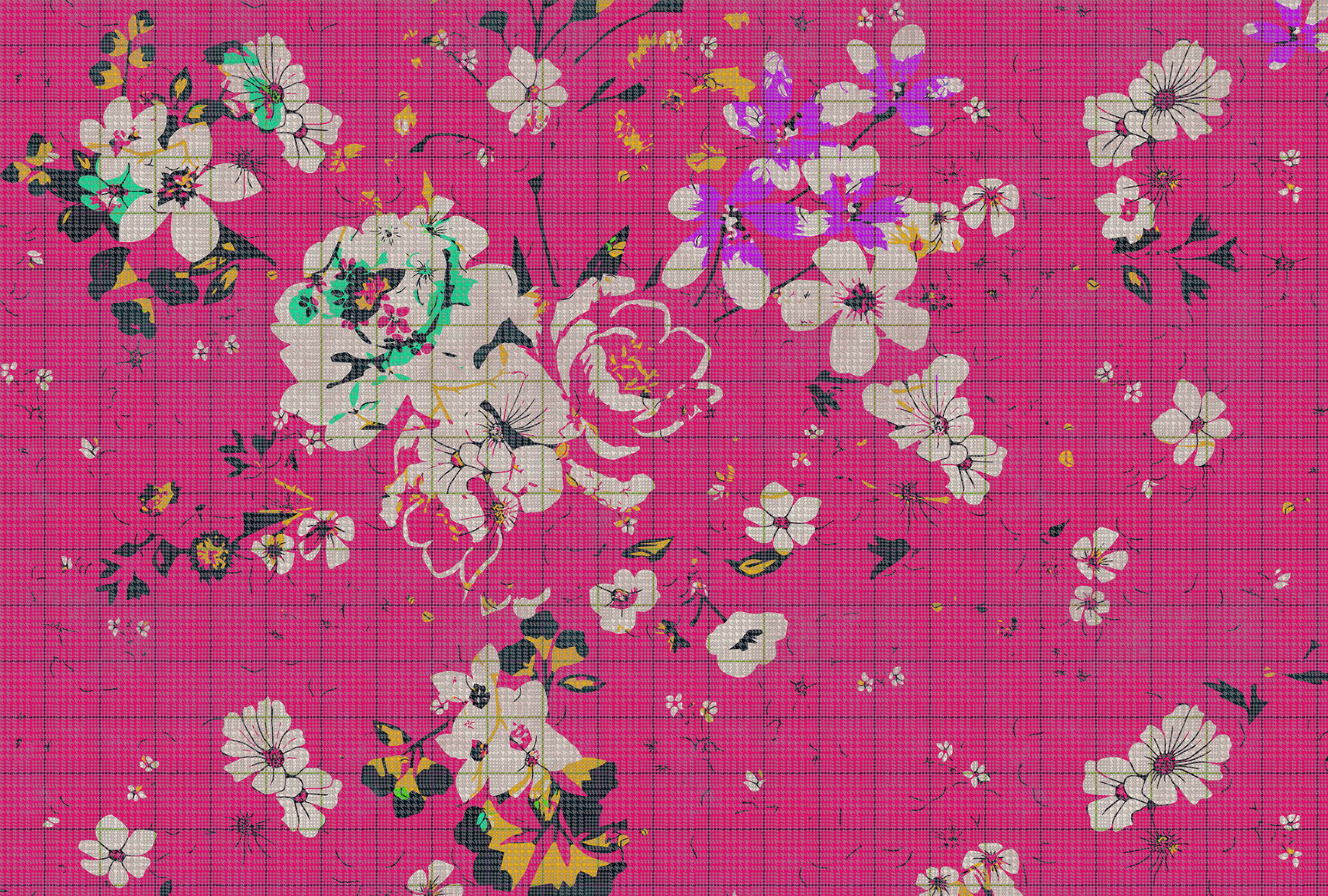             Flower plaid 2 - Fototapete in karierter Optik buntes Blumenmosaik Pink – Grün, Rosa | Premium Glattvlies
        