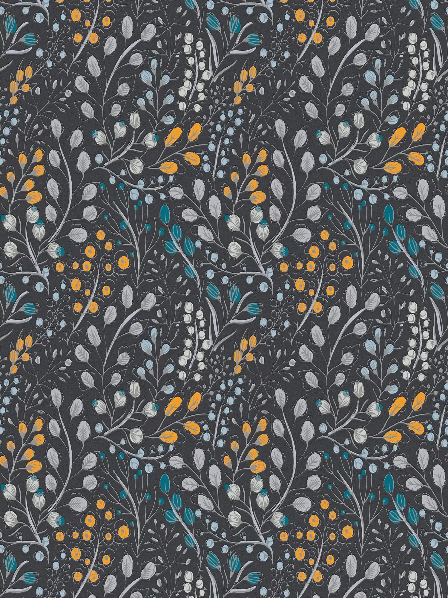 Tapete mit floralem & abstrakten Muster matt – Schwarz, Gelb, Blau
